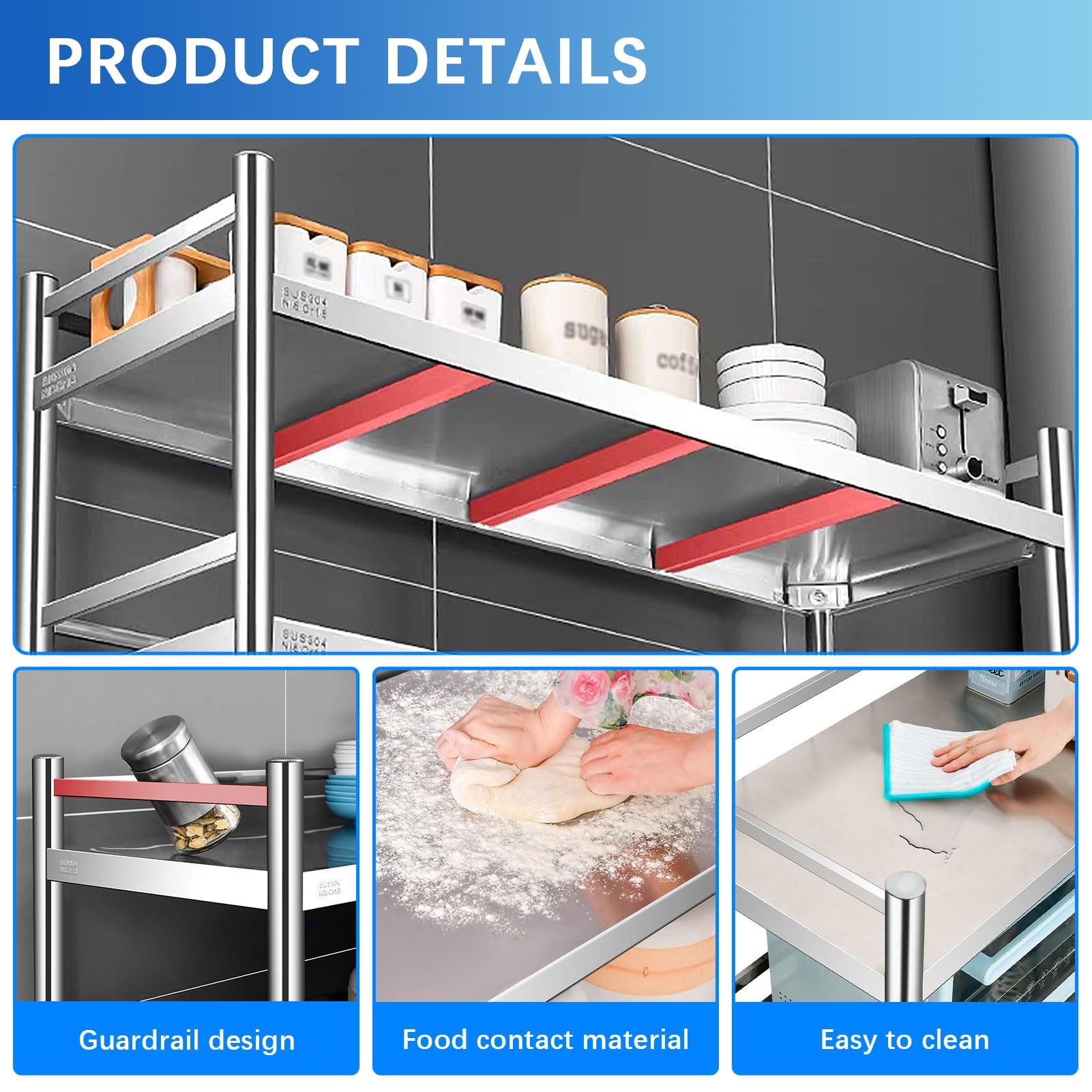Scaffale regolabile a 3 ripiani in acciaio inox, resistente, per la preparazione della cucina, multiuso, durevole, scaffalatura per uso domestico e commerciale (60150 cm, 90 x 30 x 100 cm)
