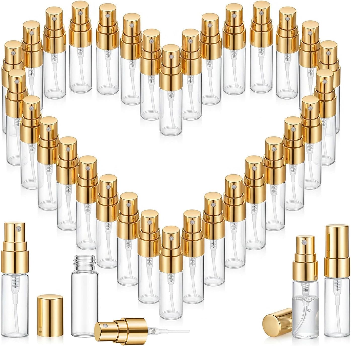 50 Pack 3ml Empty Mini Glass Spray Bottle,Mini Clear Spray Vials Portable Travel Sample Containers Glass Fine Mist Perfume Atomizer Empty Refillable Perfume Bottles with Gold Lids for Cleaning, Travel