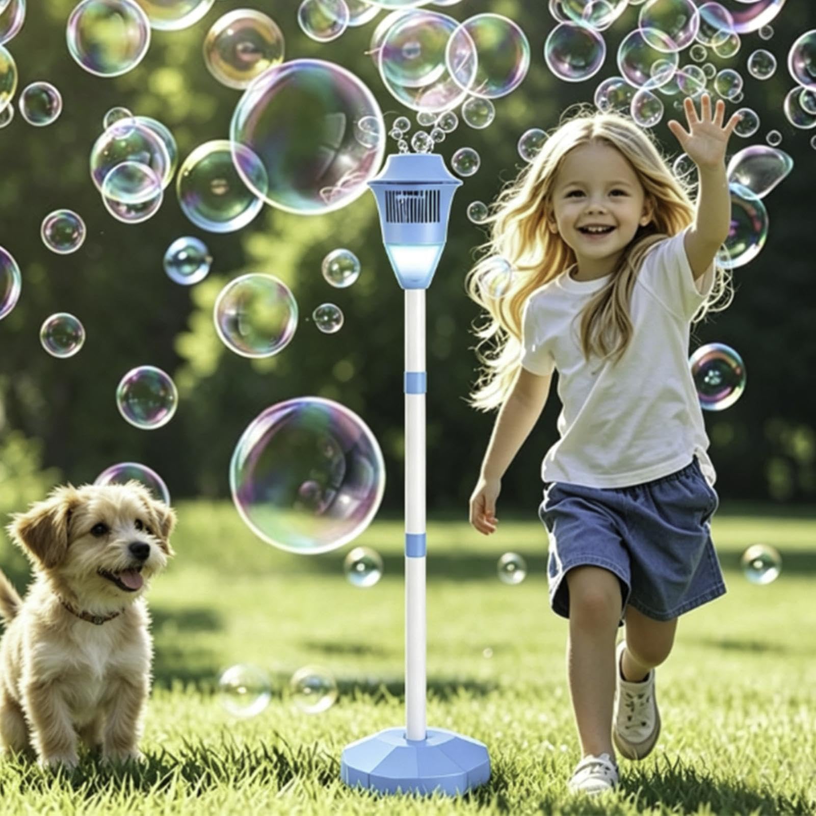 Standing Bubble Machine, Bubble Maker Stand with LED Lights, Automatic Bubbles Torch Garden Lamp, Road Lamp Shape Bubbles Blower, for Birthday Party, Backyard, Lawn, Park(Blue)