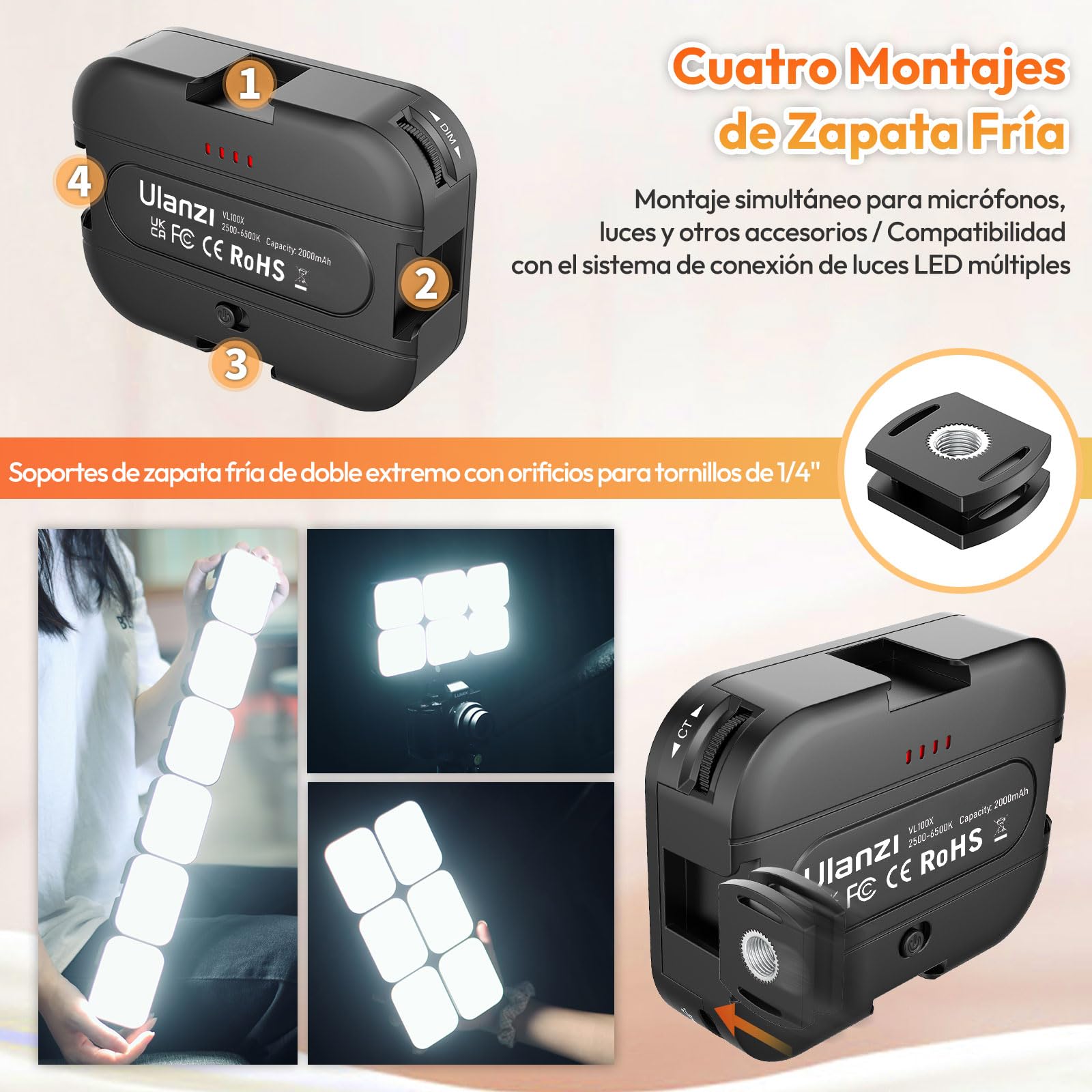 ULANZI VL100X Luz Selfie con Clip, Luz LED de Vídeo con Batería 2000mAh, Luz de Cámara Regulable 2500-6500K, CRI 95+, 3 Modos de Luz, Mini Luz de Vídeo para Teléfono Móvil, Tablet