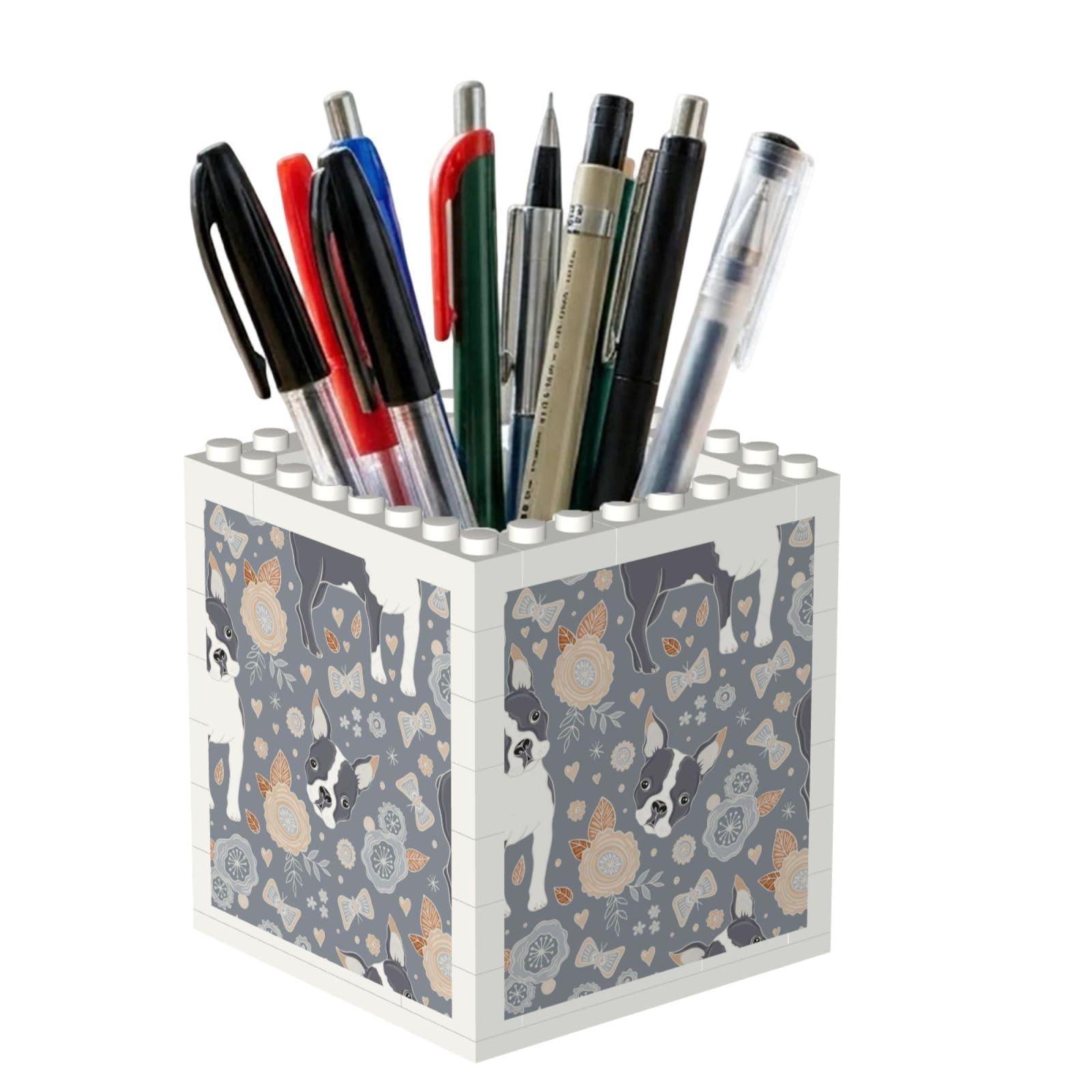 Poadnly Boston Terrier Beautiful Flowers, Pen Pot Pencil Holder for Office Home School, Compact Desk Organiser for Office Stationery