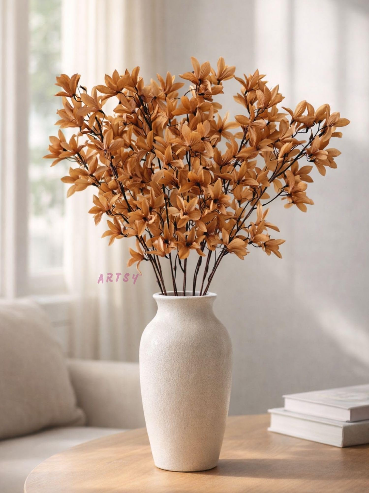 ARTSY® Artificial Flowers for Decoration Mangolia Flower Bunch for vase, Home Decor, Office Decor, Artificial Plant, Gift, Craft, Without vase, White, Pack of 1 Piece, 75 cm Height, Fabric (Brown)-image-1