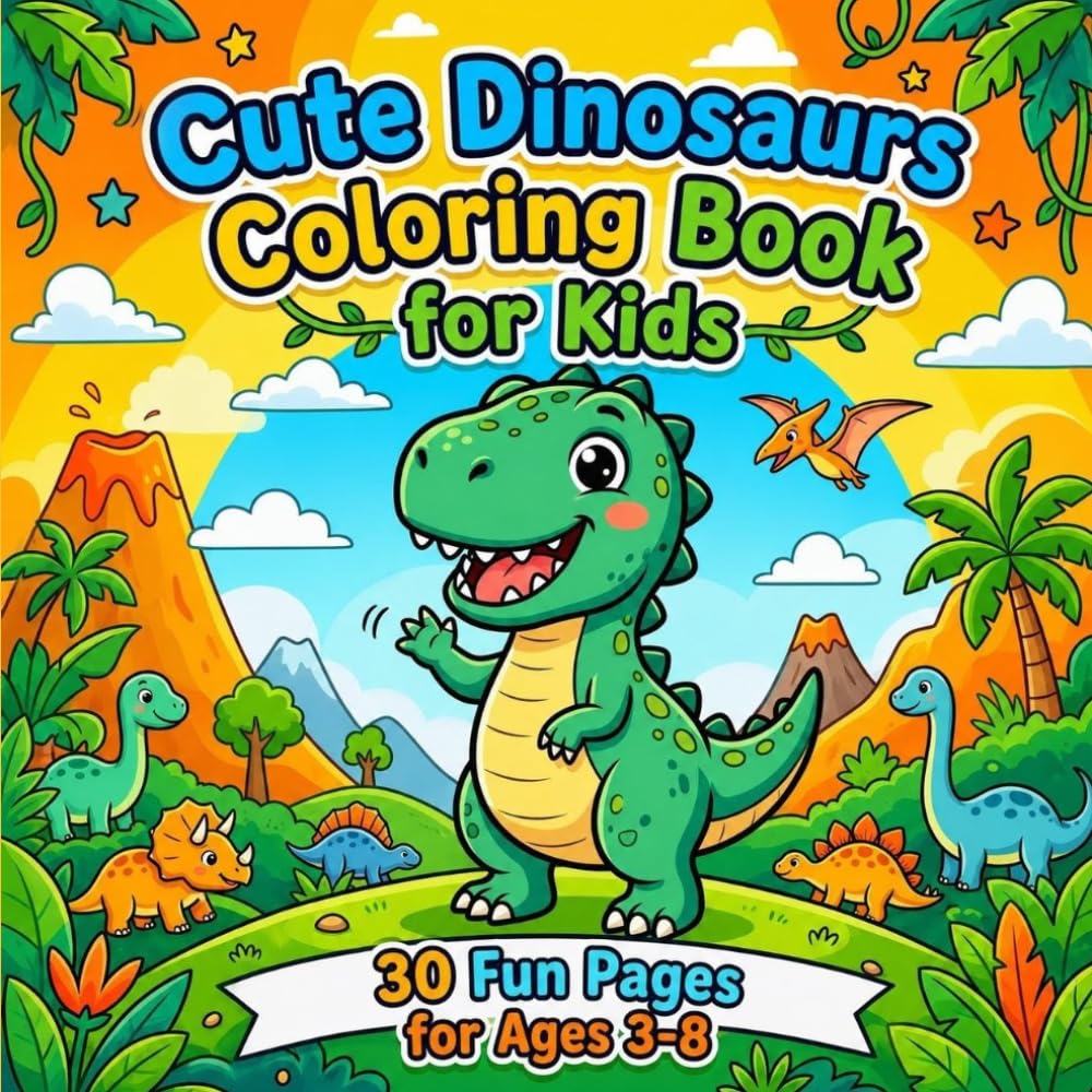 Cute Dinosaurs Coloring Book for Kids: 30 Fun Pages for Ages 3-8