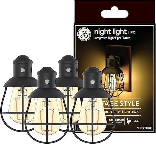 GE - Luz nocturna LED de estilo vintage, lámpara nocturna enchufable para casa de campo, luz cálida (paquete de 4)