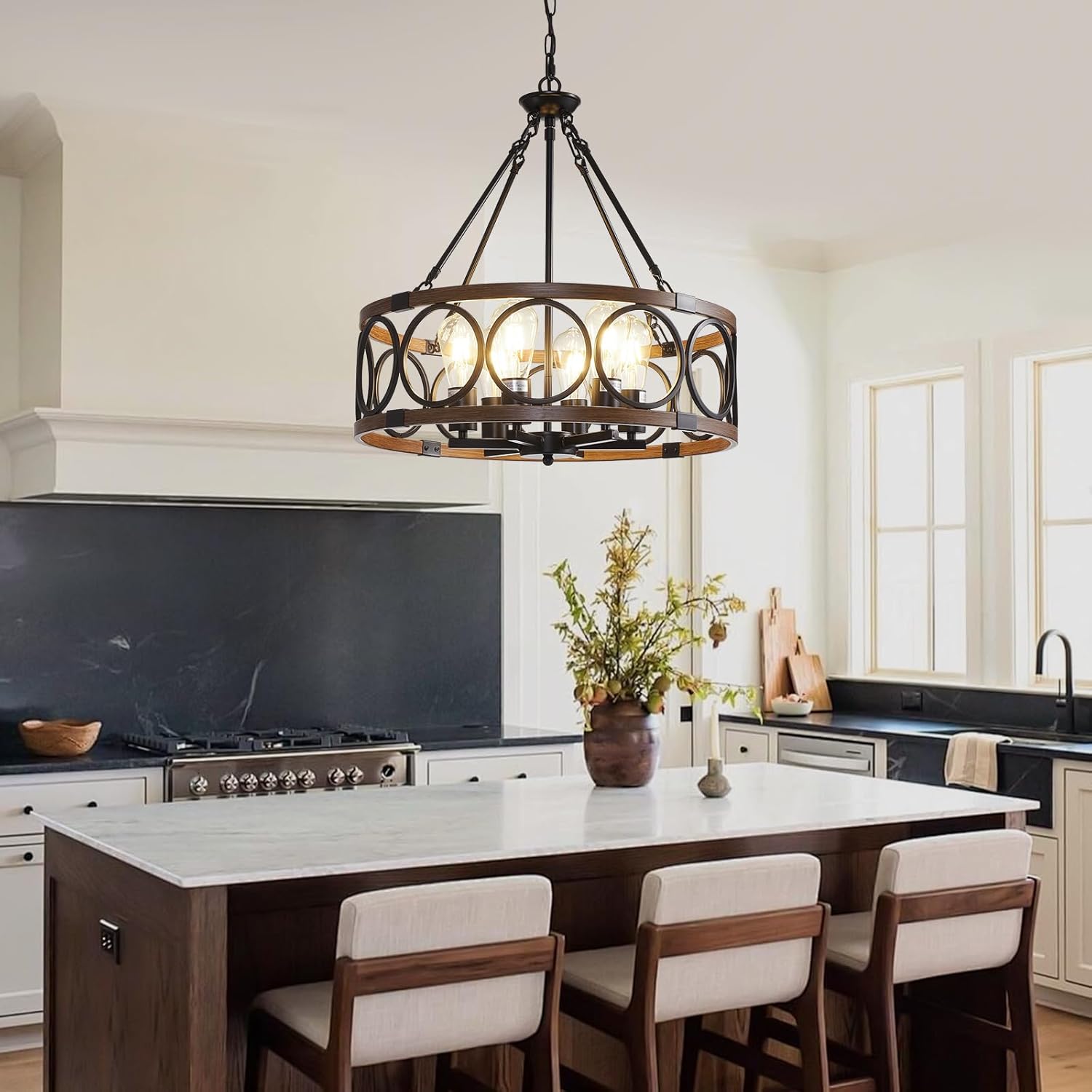 20.5'' Farmhouse Chandelier, 6-Light Walnut Wood Grain Dining Room Light Fixture Over Table, Rustic Industrial Drum Hanging Pendant Lights Fixture for Kitchen Island Bedroom Hallway Foyer Entryway