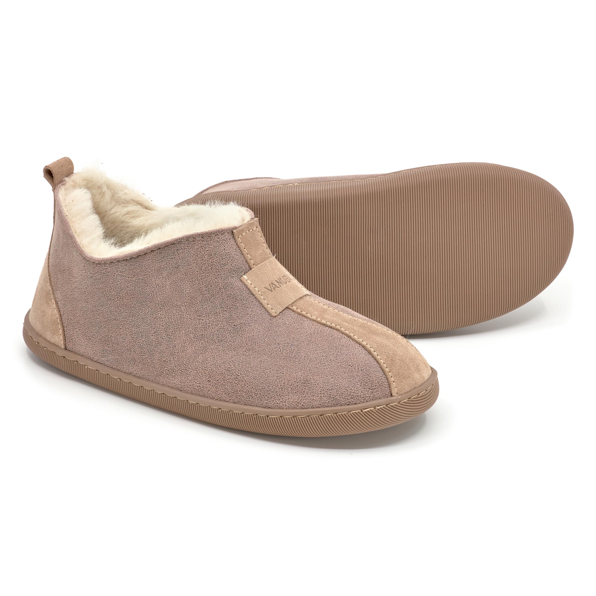 Vanuba Kalahari Handmade Damen Hausschuhe, Naturleder, 100% Schafwolle, Warme und Bequeme Hausschuhe, Leder + Harz Beige/Weiß, 39 EU