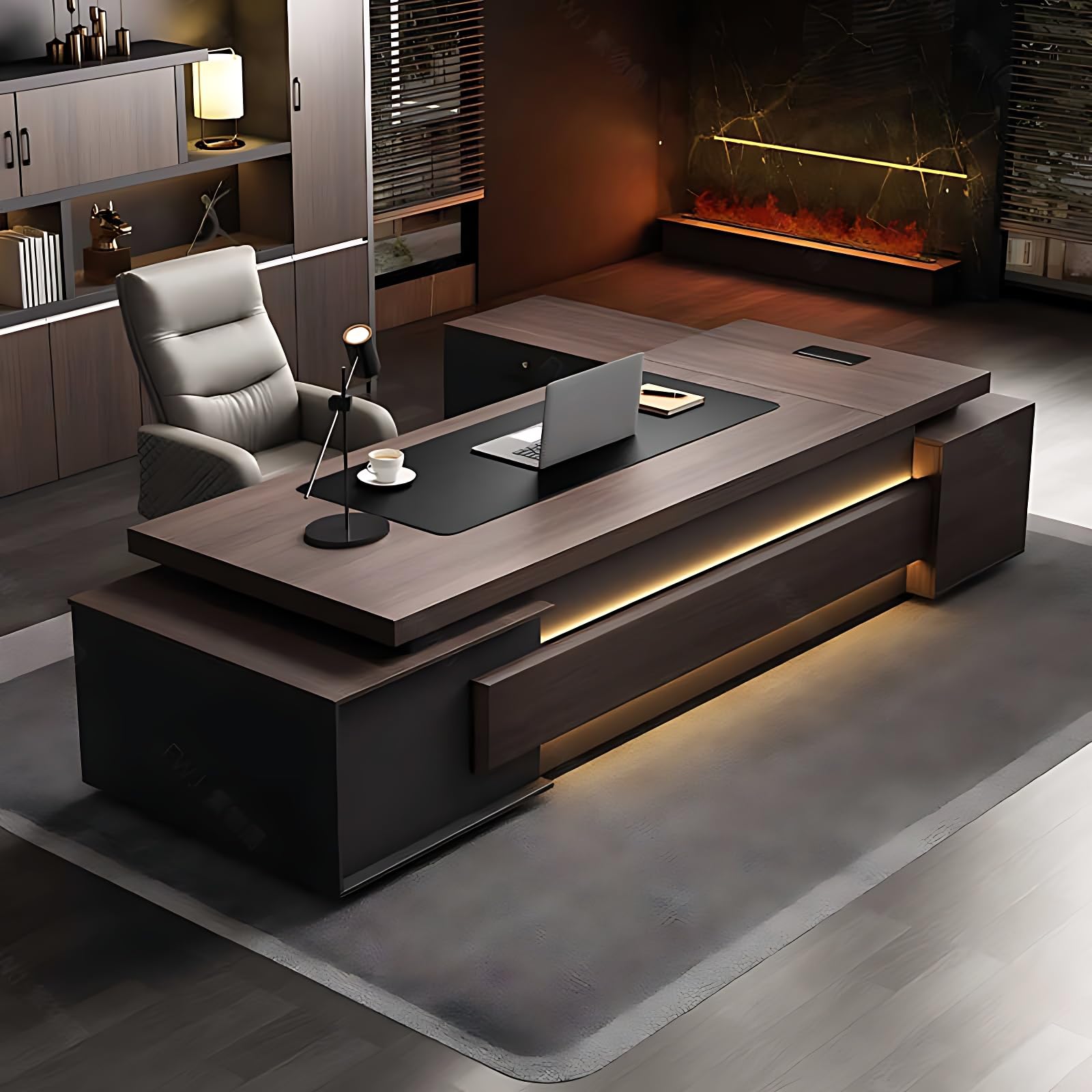 ZGNBSD Executive Desk - Elegant Office Desk with Drawers Solid Wood Office Table with LED Light Strip Home