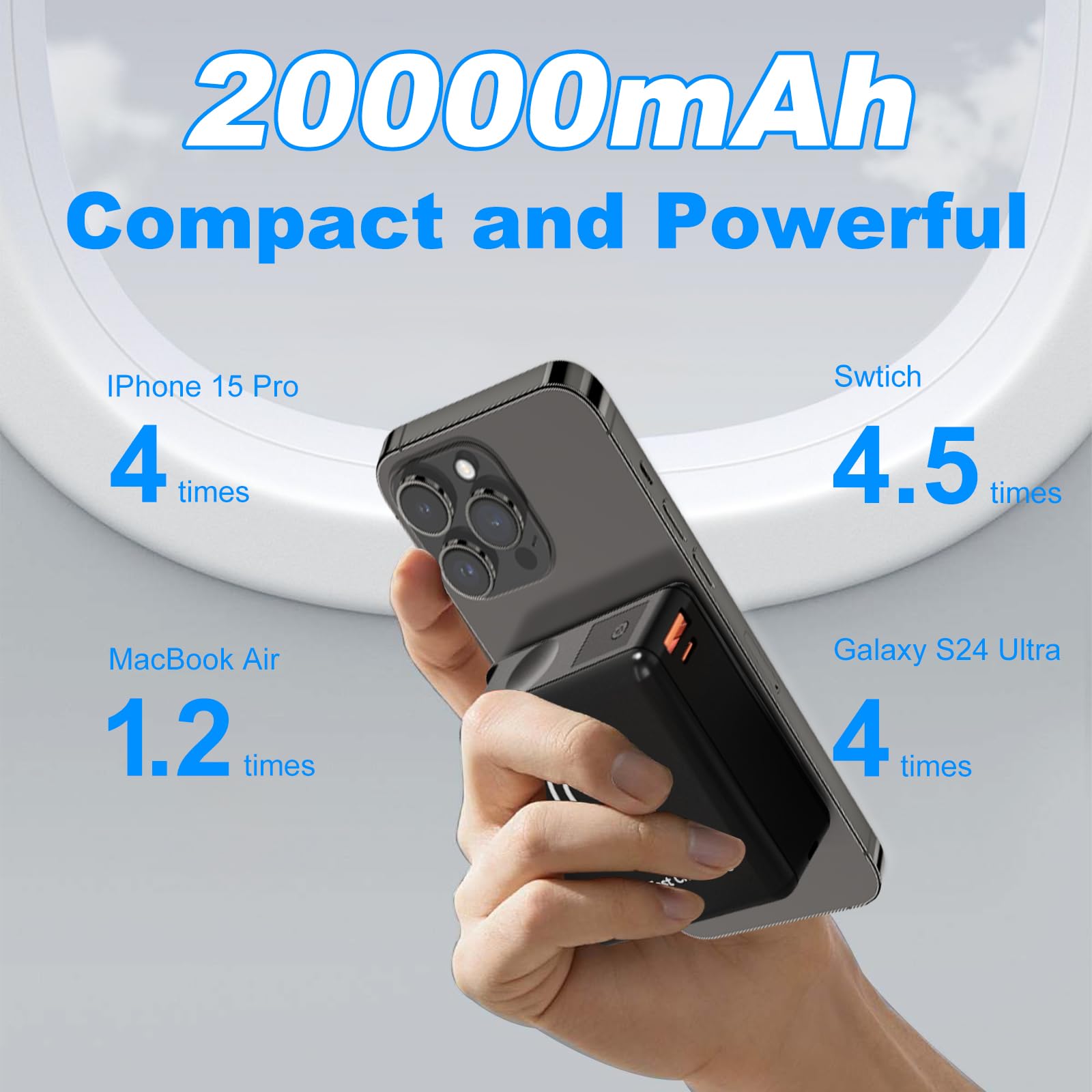 Raydyn 8in1 Travel Power Bank with 20000mAh Battery-Compatible Worldwide Adapter Plug 4 Cables PD65W Fast Charging 2 Ports USB-C/USB-A for Mobile Phones/Earphones/Watches with Storage Bag