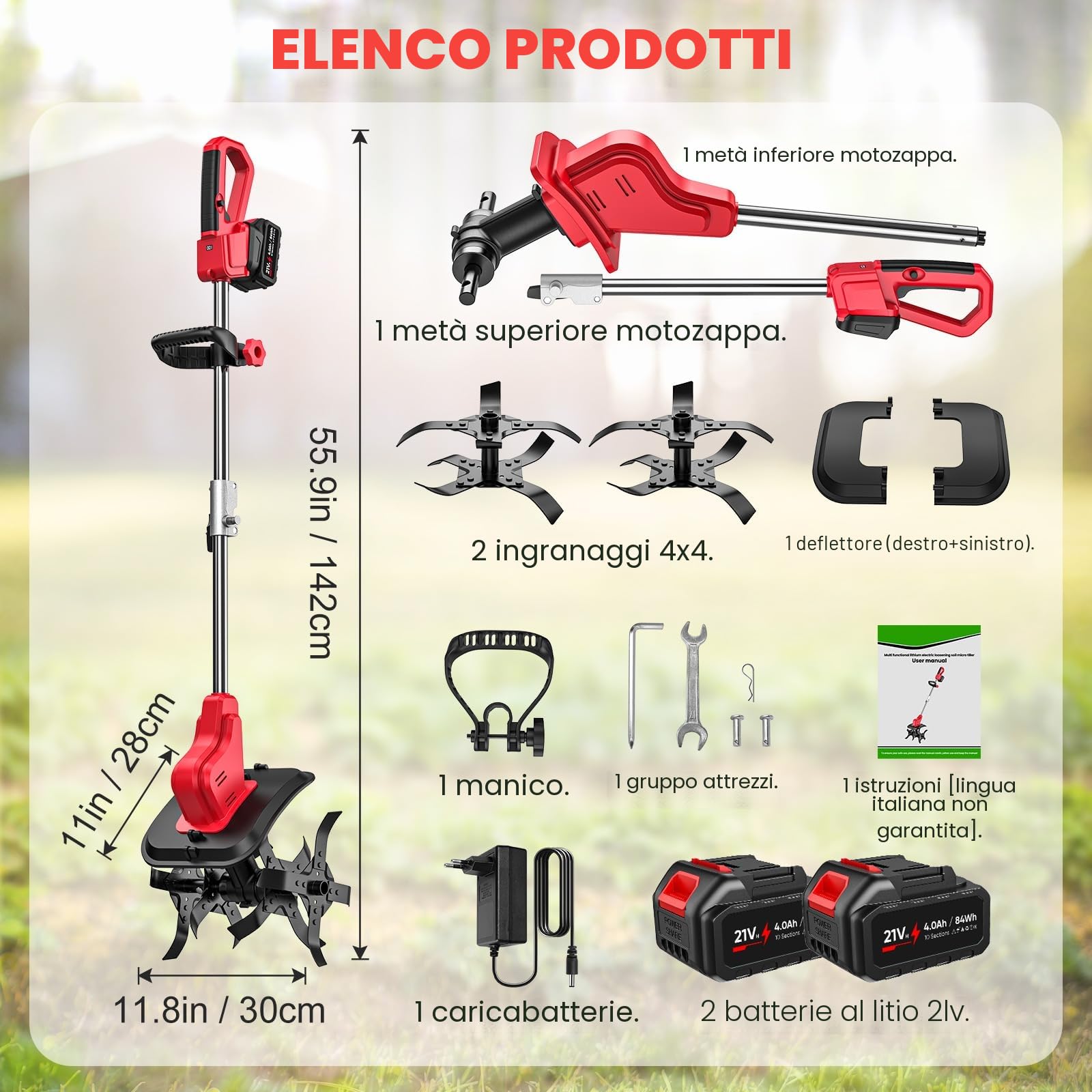Motozappa a Batteria 21V, Motozappa Elettrica 550W con 2 Batterie 4.0Ah, 2 Frese in Acciaio, Larghezza 30cm, Profondità 22cm, Display LED, Doppia Sicurezza, per Orto e Giardino
