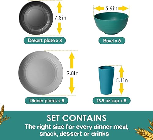 Miniatura 2 de Teivio Juego de vajilla de paja de trigo de plástico de 32 piezas, servicio para 8, platos llanos, platos de postre, cuencos para cereales, vasos,
