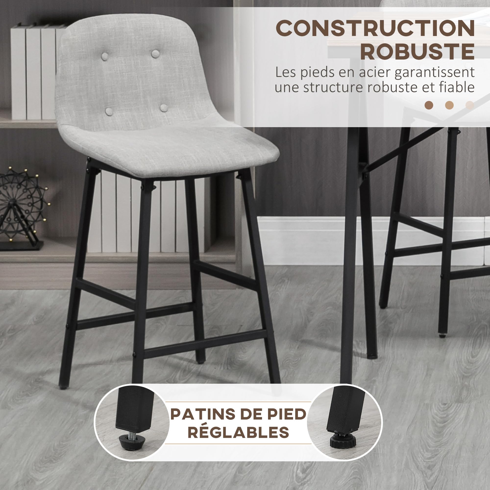 HOMCOM Ensemble Table de Bar avec 4 Tabourets, Table à Manger Debout avec 4 Chaises Rembourrées, Pieds en Acier, Style Industriel, Table Haute Bar pour Salle à Manger, Cuisine, Gris Clair