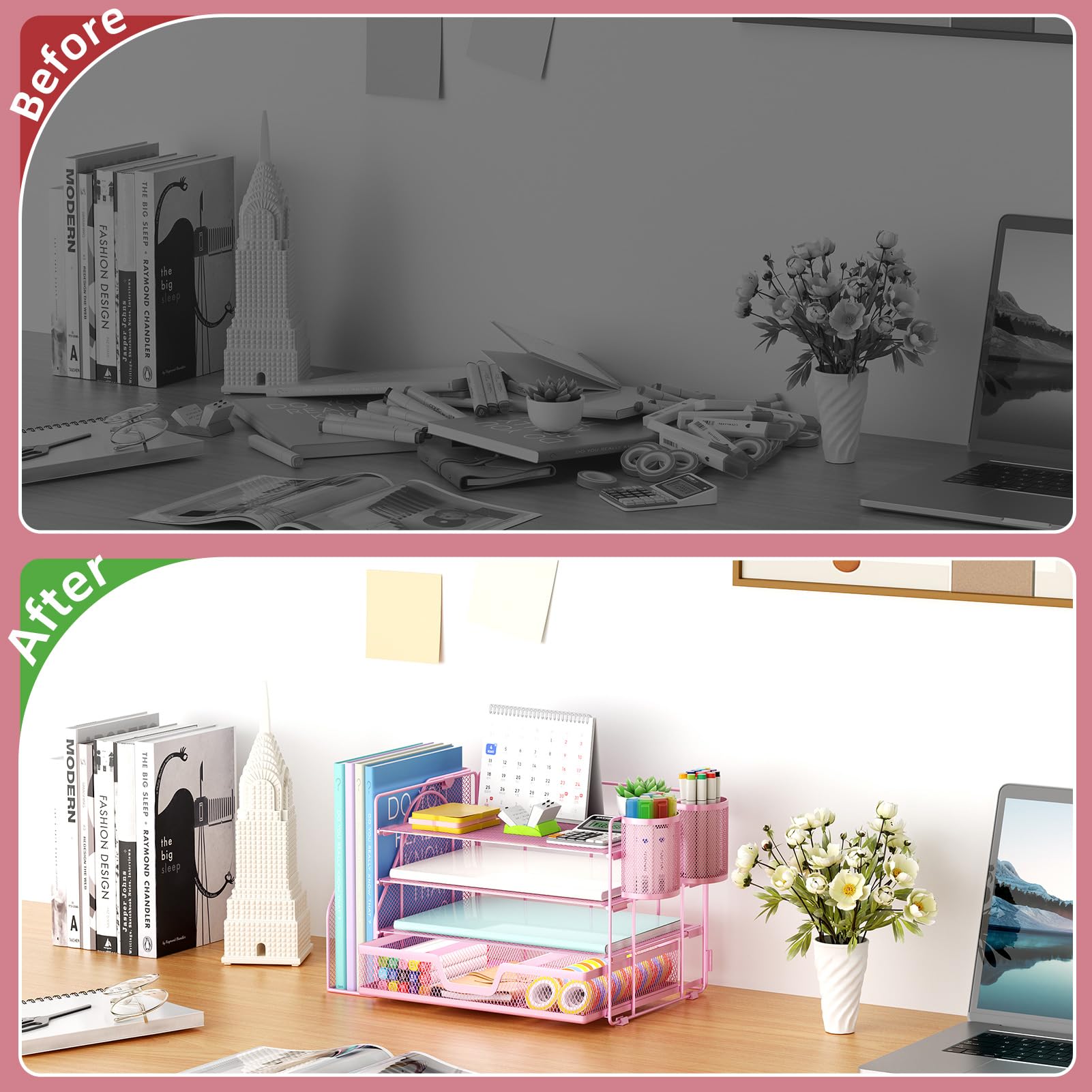 Marbrasse Organizer da scrivania e accessori, organizer per lettere a 4 livelli con porta documenti, accessori da scrivania e spazio di lavoro, organizer da scrivania con cassetto e 2 portapenne, per