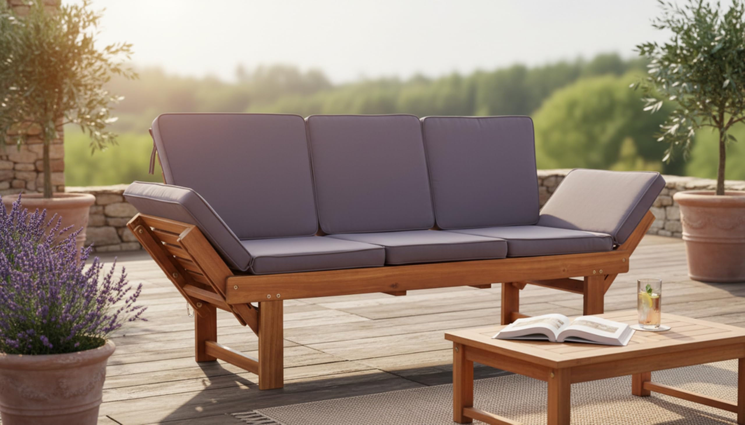 Gartenbank mit Tisch - 2 Sitzer Natur Holzbank aus Akazie Wetterfest Monte | Elegante Outdoor Sitzbank und Balkonmöbel Set, robuste Gartenbank Holz für Balkon & Terrasse, inklusive Kissenauflagen