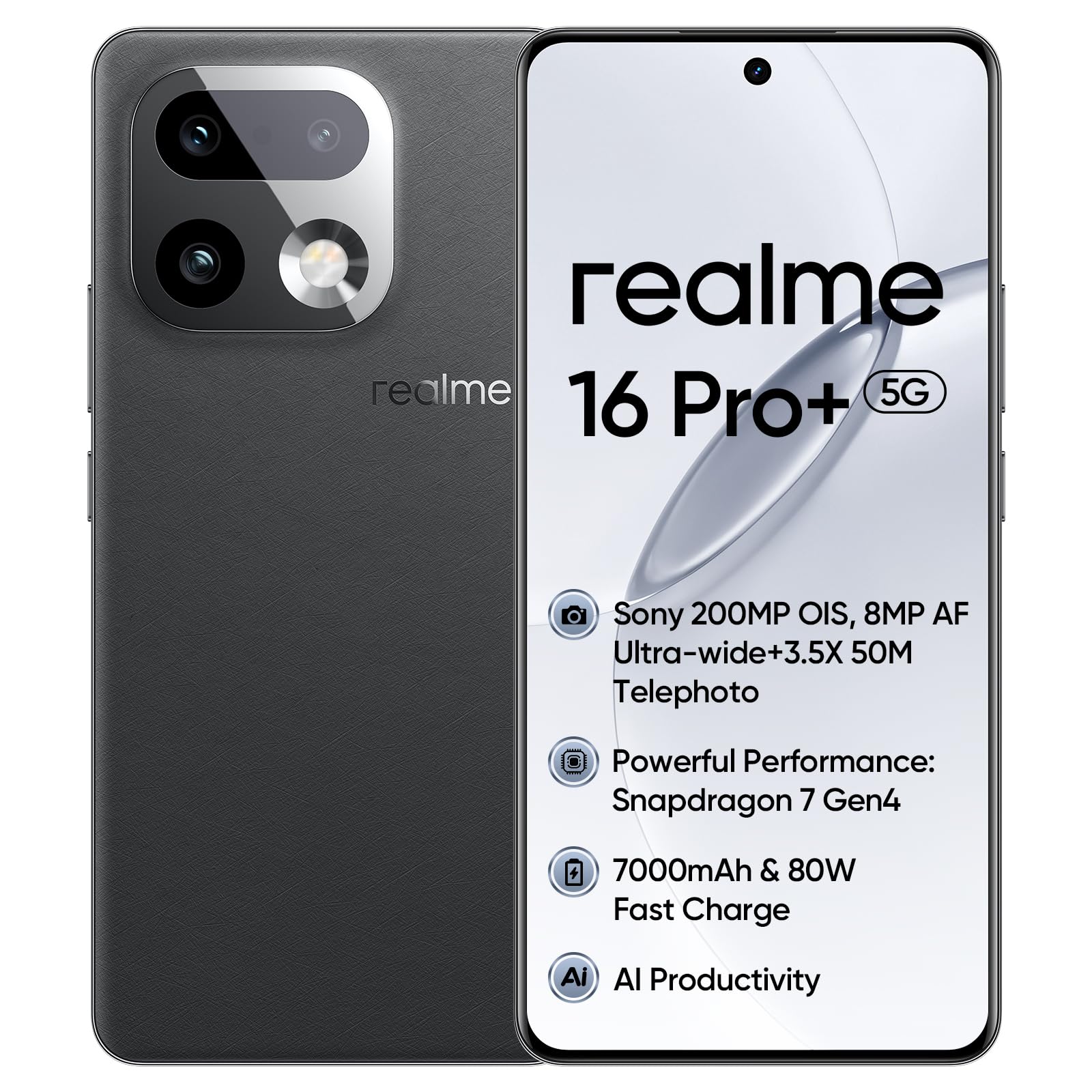 realme 16 Pro+ 5G, Smartphone 12+256GB, Qualcomm Snapdragon 7 Gen 4, 200MP OIS, Curved Display 6.8“ 144Hz, Battery 7000mAh, IP69, Master Grey