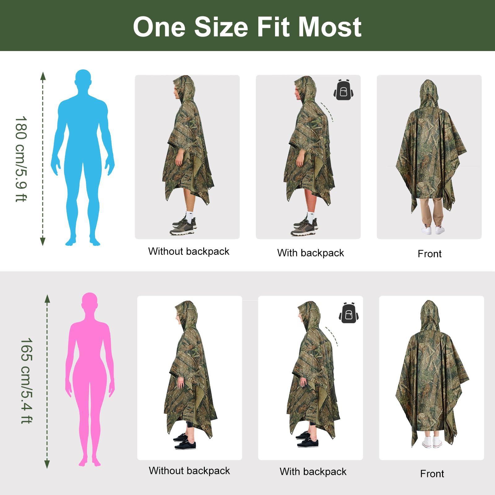 Poncho impermeabile, Camuffamento Raincoat Phocho Parasole o Antipioggia per Escursionismo, Camminata in Montagna, Campeggio, Ciclismo, Pesca o Caccia - Camuffamento