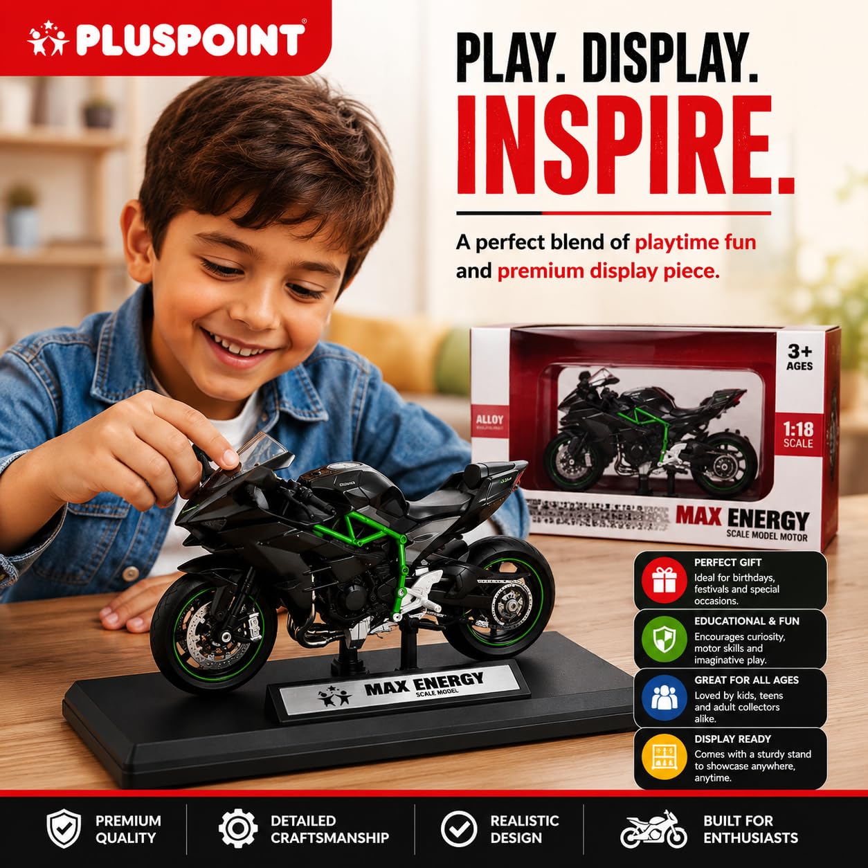 PLUSPOINT Diecast H2R Ninja Bike Motorcycle Toy Bike Scale Model Vehicles Alloy Simulation Superbike Also for Car Dashboard Kids Adult Alloy Highly Simulation Model Vehicle Motorbike Street Machine — Amazon image 5