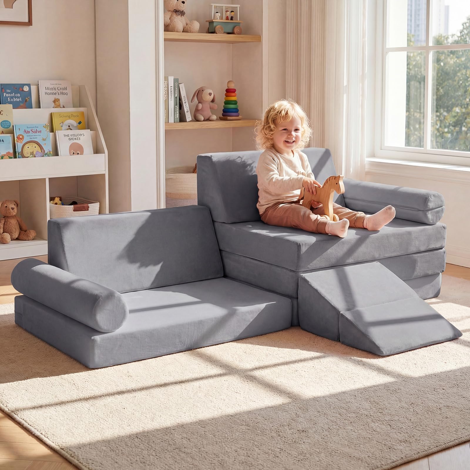 COSTWAY 10 teiliges Kindersofa mit Schlaffunktion, modulares Spielsofa gepolstert aus Kristallsamt mit waschbare Bezüge, Kindercouch ausklappbar, Kuschelecke für Jungen & Mädchen ab 3 Jahre (Grau)