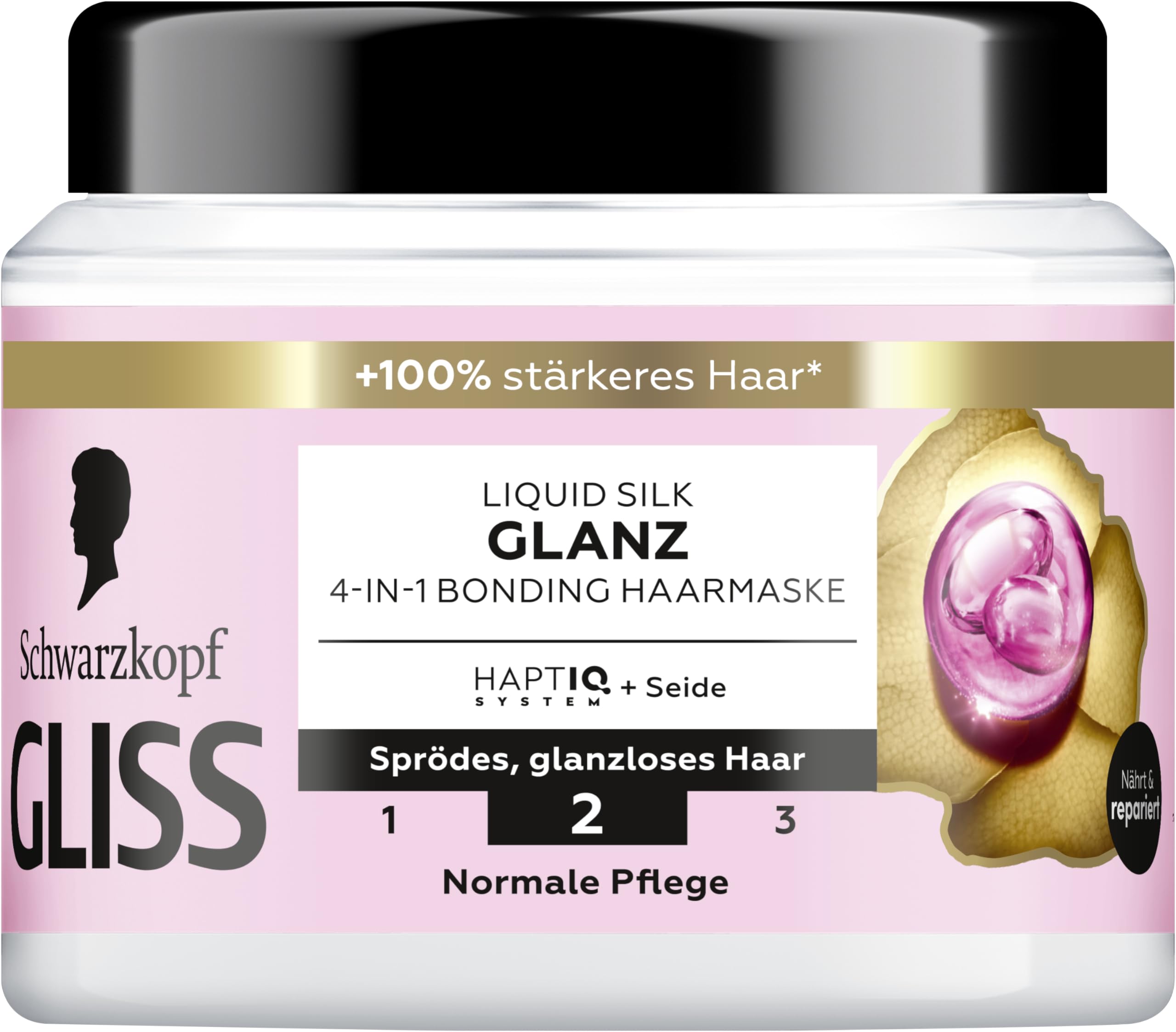 Gliss 4 w 1 kuracja Liquid Silk (400 ml), kuracja do włosów z systemem HAPTIQ i jedwabiem zapewnia gładkie włosy, pełny połysk, maska do włosów łamliwych, bez połysku