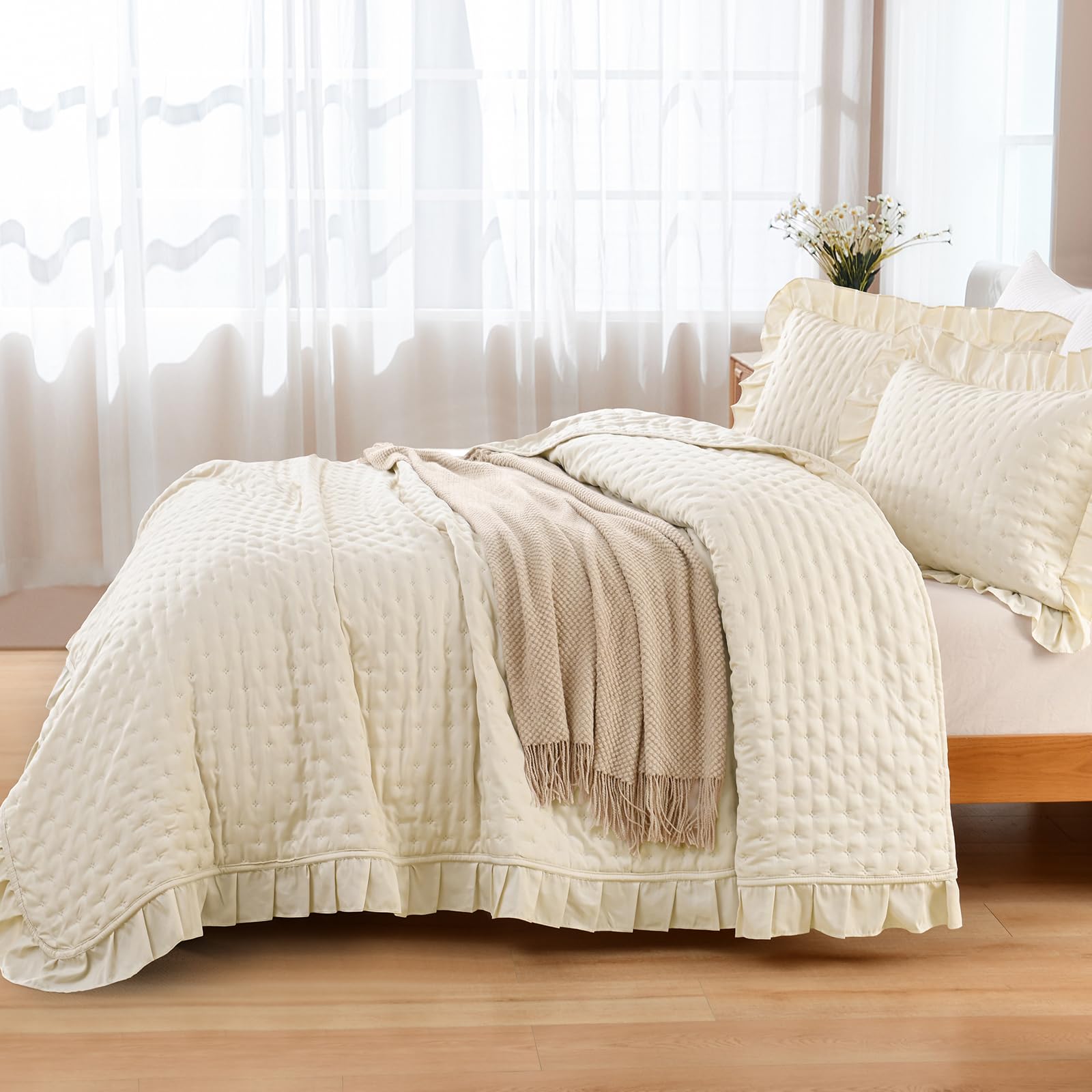 WONGS BEDDING Colcha de 240 x 260 cm, color beige, 3 piezas, incluye 2