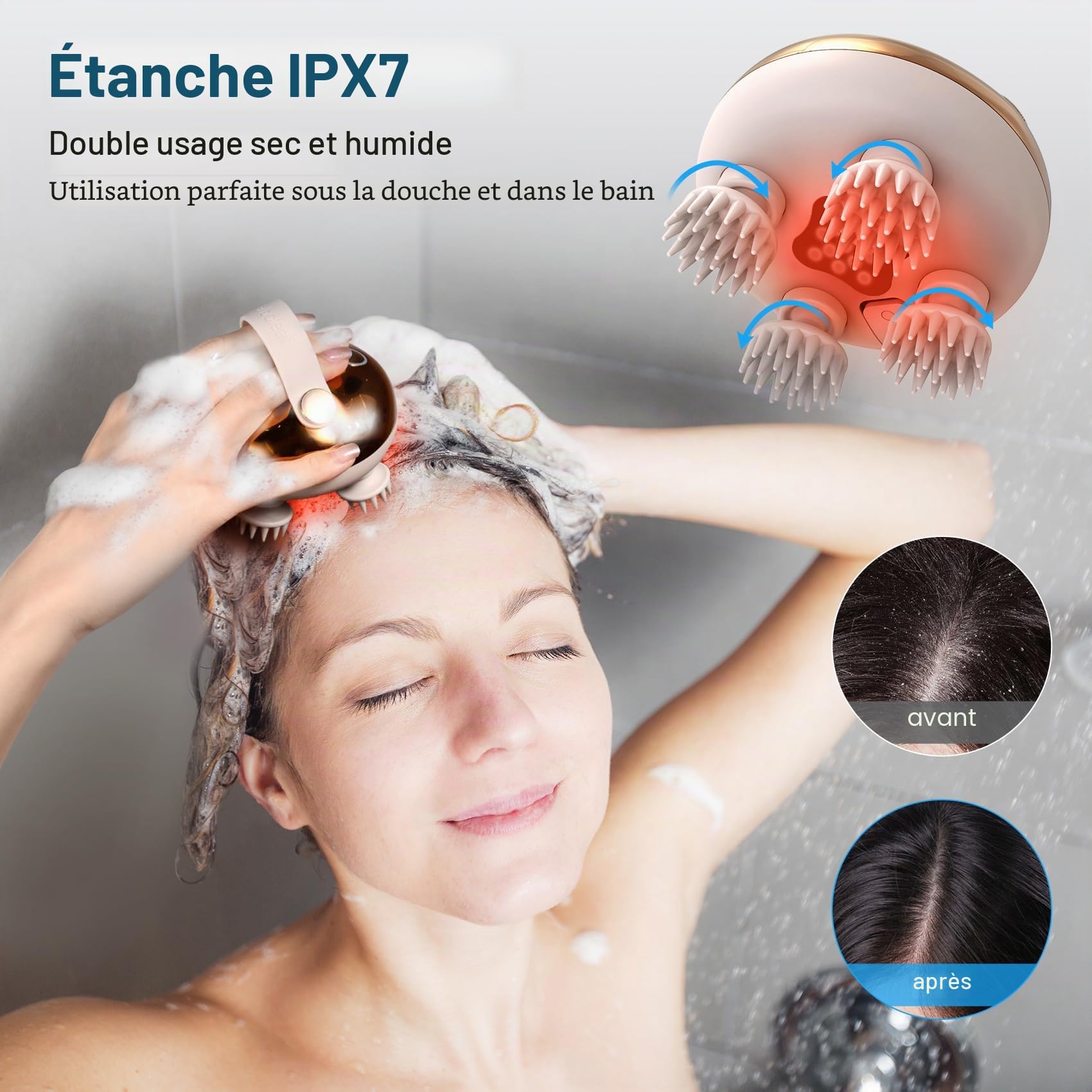 arboleaf masseur de tête électrique, masseur de cuir chevelu IPX7 imperméable à l’eau avec 8 têtes de massage et 3 modes de massage, masseur de tête pratique pour la relaxation (Golden)