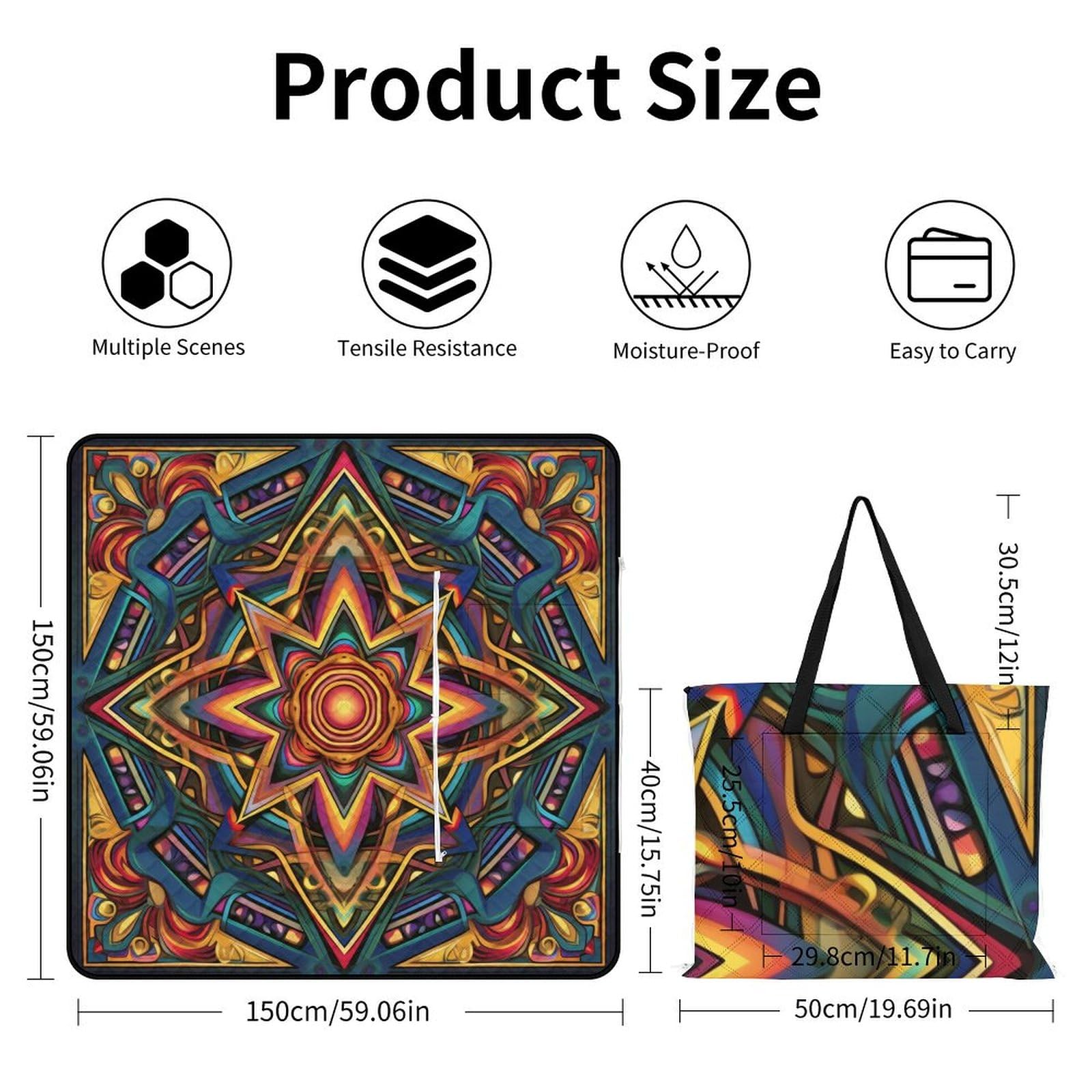 3D Impression Bohème Couverture Pique Nique Art Tapis Pique Nique Nappe Picnic Couverture De Pique-Nique pour Camping, Parc, Jardin 148x148cm