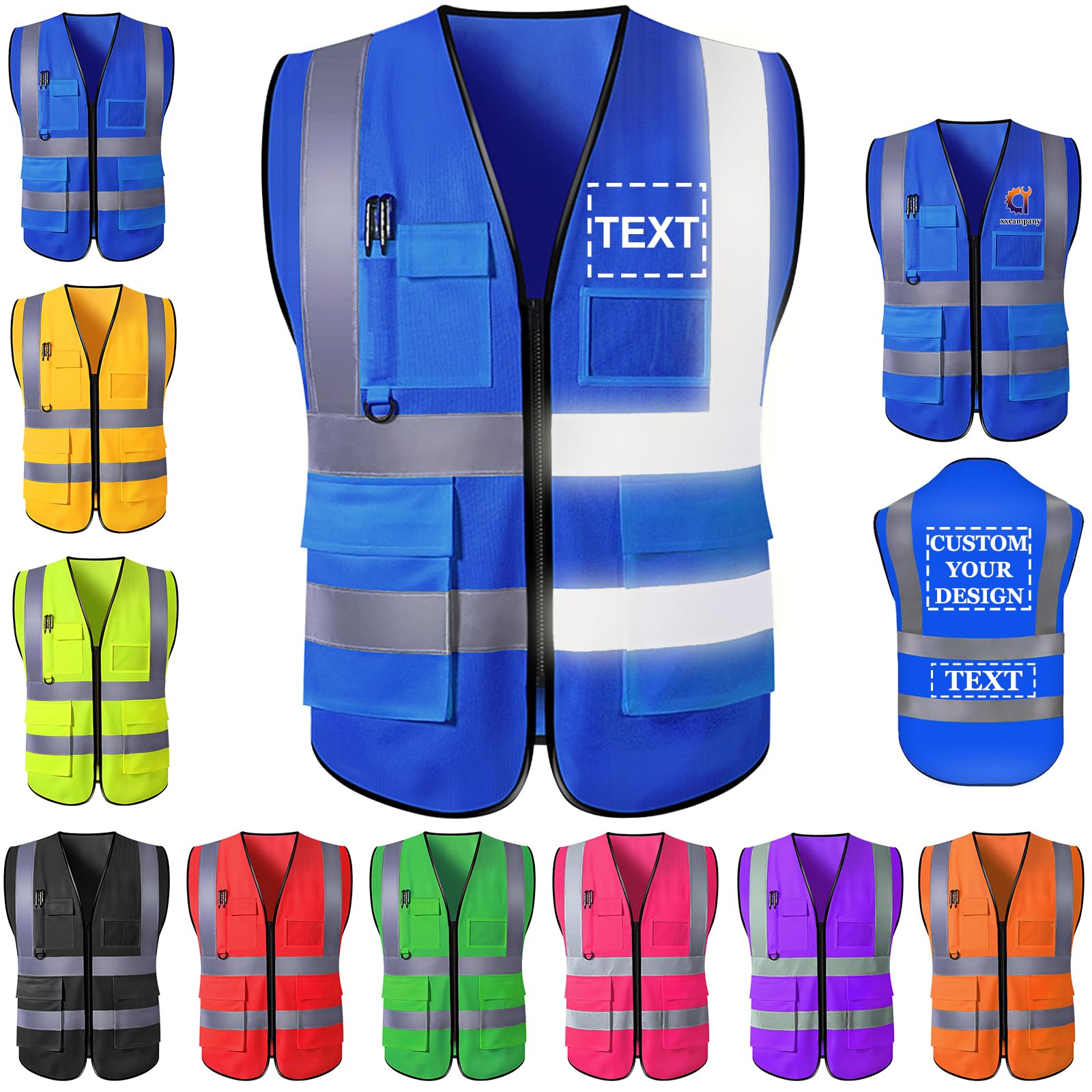 Farmelov Custom Safety Vest for Men with Logo Pockets Personalized High Visibility Protective Workwear with Reflective Strip