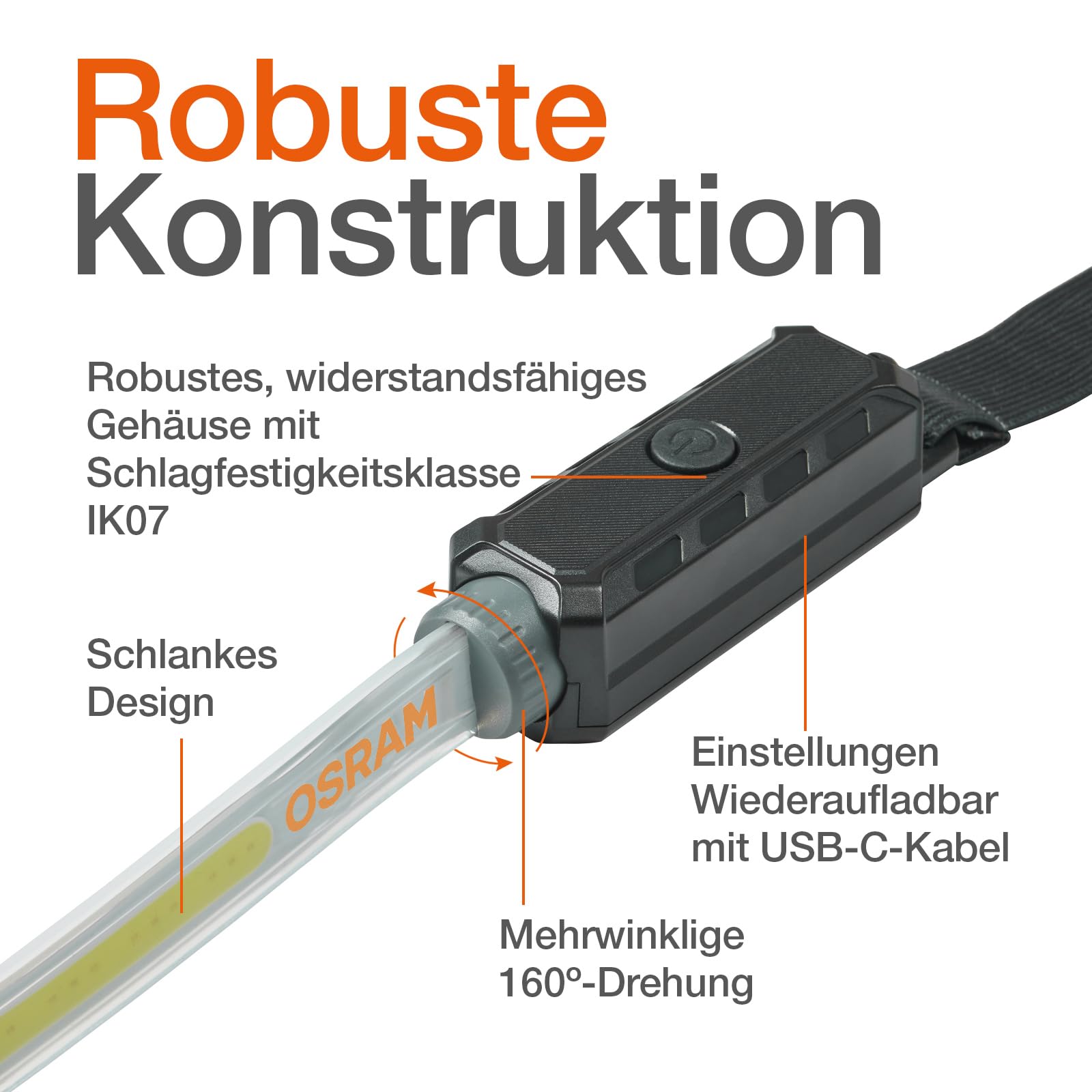 Osram LEDinspect Flexible Inspection Light, wiederaufladbare LED-Inspektionsleuchte, 6000K, Helligkeit bis zu 1000lm, abnehmbare elastische Bänder