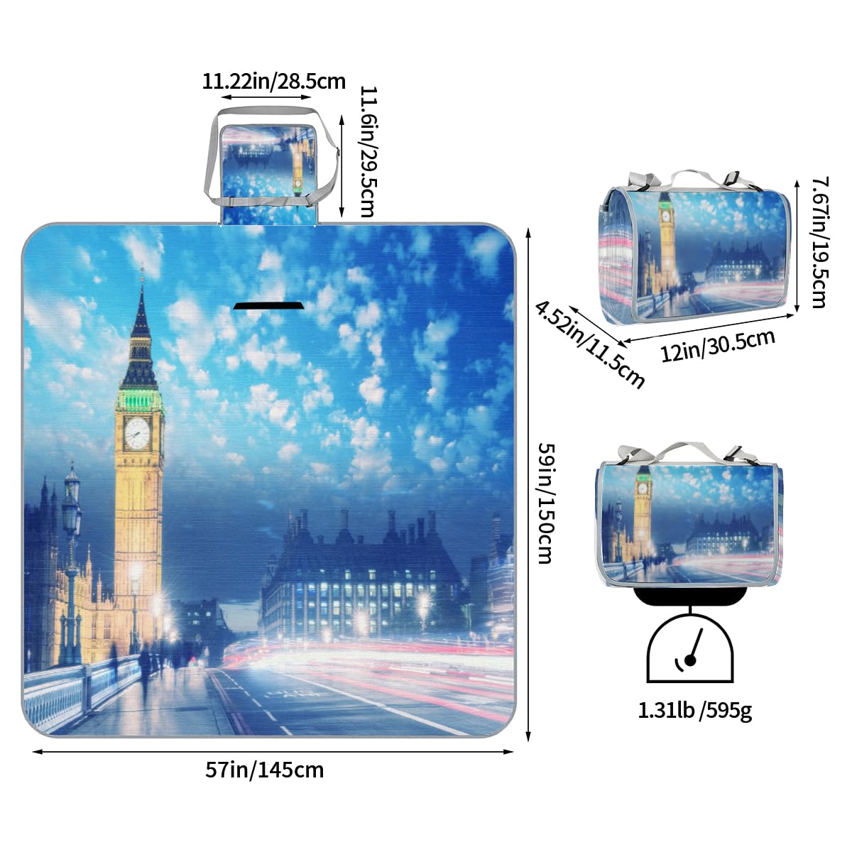 Shimoshe Picnic Blankets 57”x 59”, Night Big Ben Waterproof Sandproof Picnic Mat Lightweight Foldable Beach Blanket for Camping Park Grass Beach Outdoor Blanket