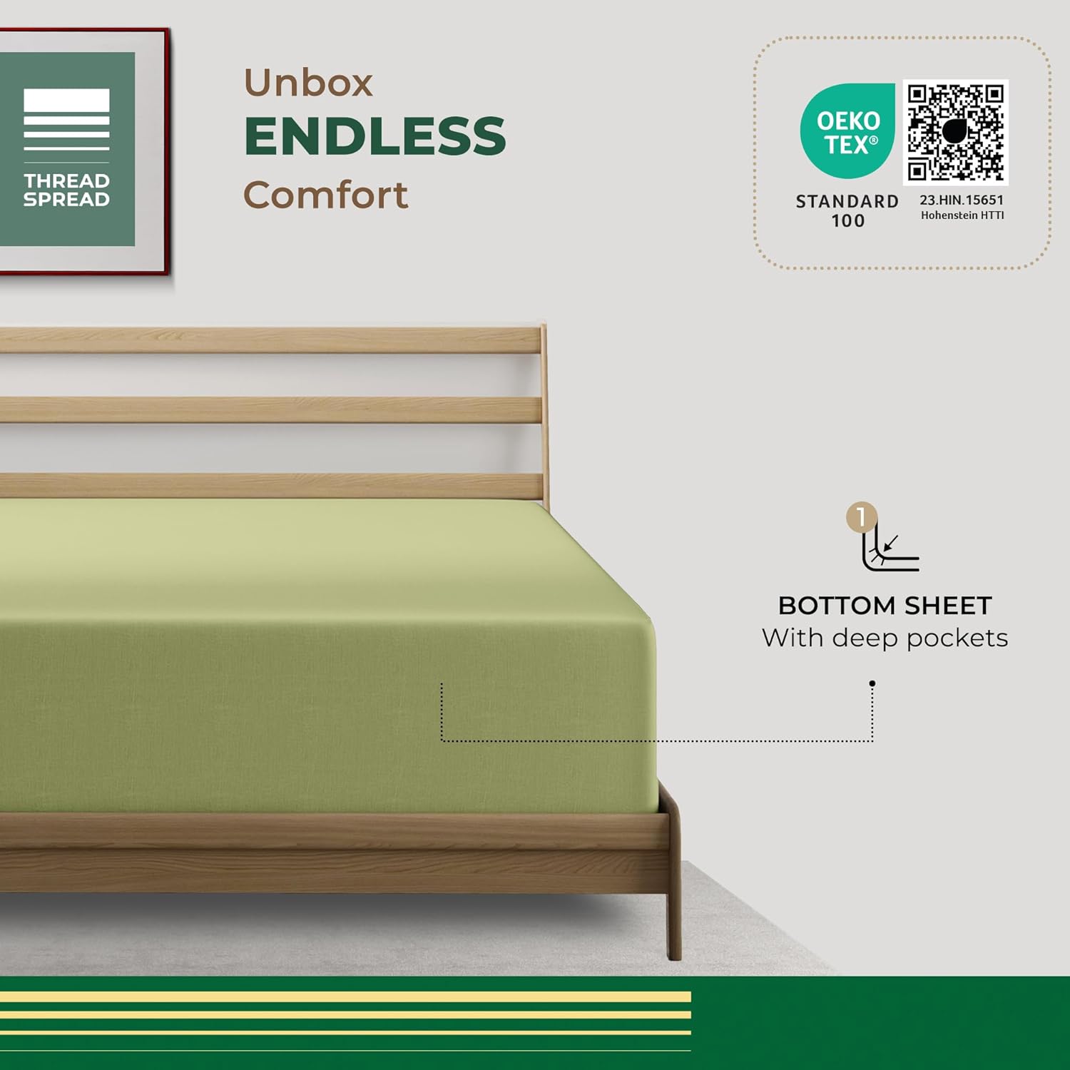 THREAD SPREAD 100% Organic Cotton Percale Weave Fitted Sheet Twin Size, Sage Green, 1 Deep Pocket Twin Fitted Sheet, Fits Mattress Upto 16" Crisp and Cool Bed Linen, Luxury GOTS Certified Sheets