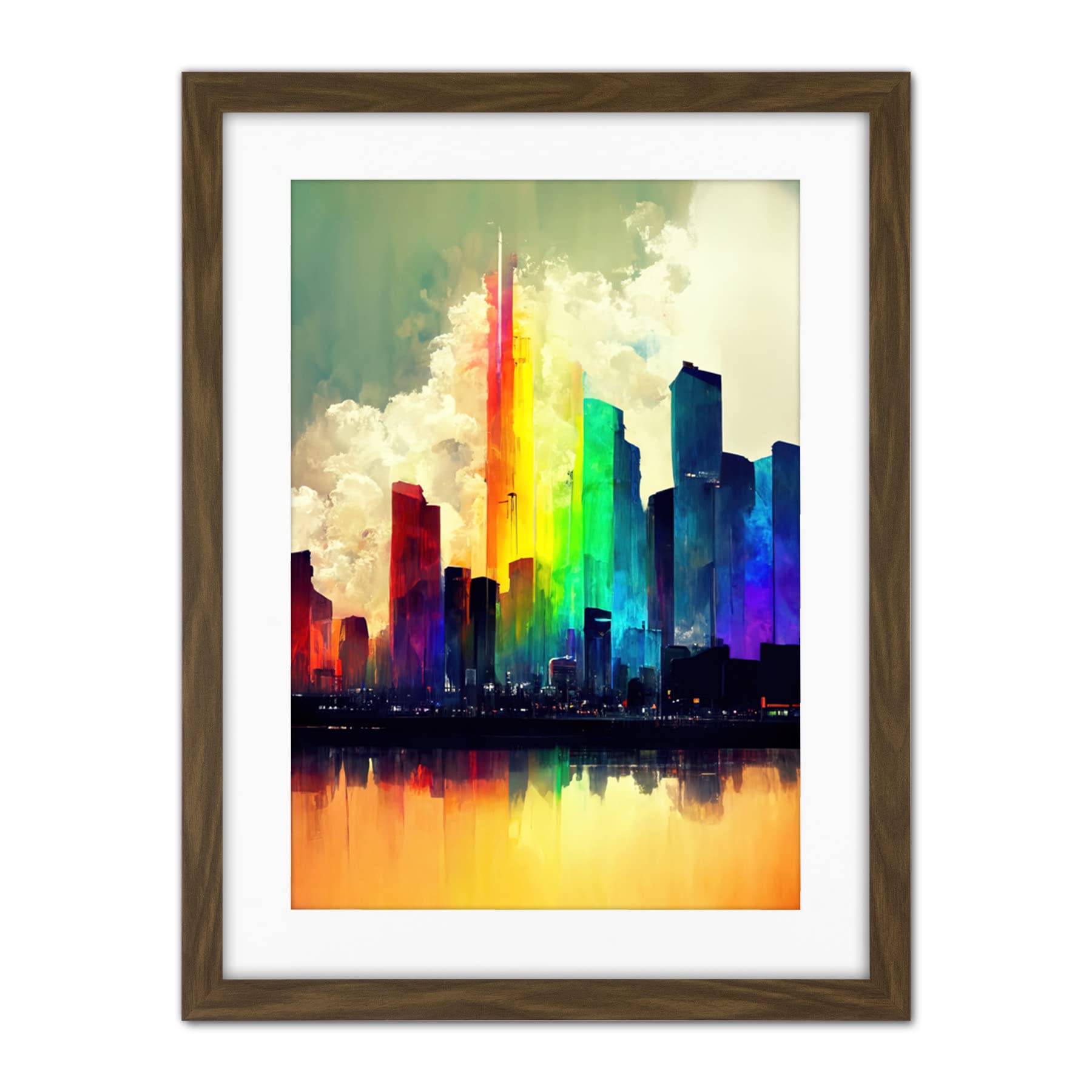 Doppelganger33 LTD Glass City of Rainbow Reflections Cityscape Artwork Framed Wall Art Print 18X24 inch