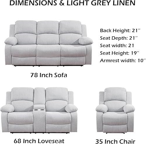 Miniatura 2 de Juego de sofá reclinable de microfibra de lino gris, 3 piezas (sofá+sofá biplaza+silla), marco de madera, cuero/microfibra/pana, 82 x 40 x 40 Gris