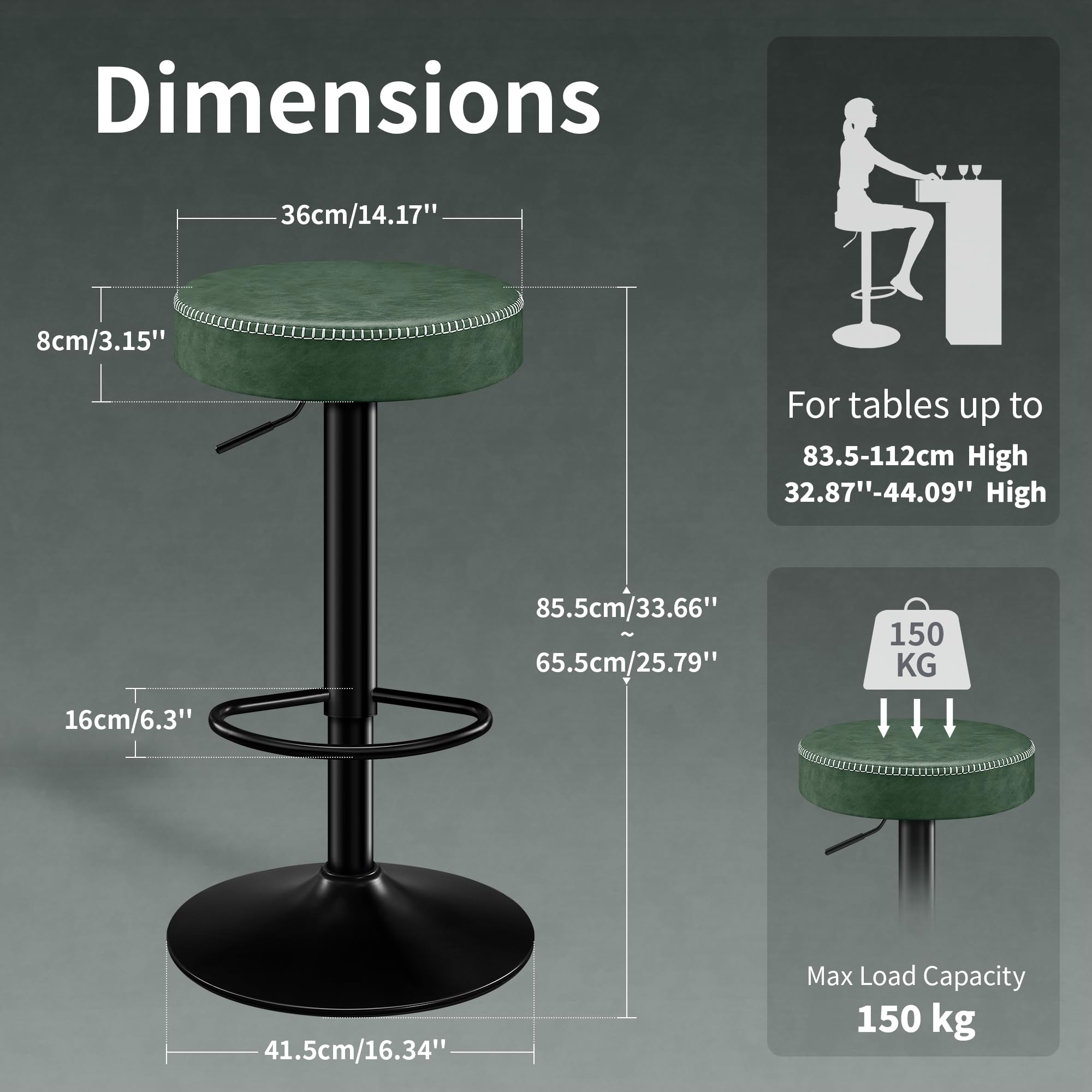 STOOLINK Set di 2 Sgabello da Cucina, Sgabelli da Bar Regolabile in Altezza Sgabelli Cucina Cuoio in Microfibra, Sgabelli Alto con Poggiapiedi, Sgabelli Bar Girevole a 360°-Verde