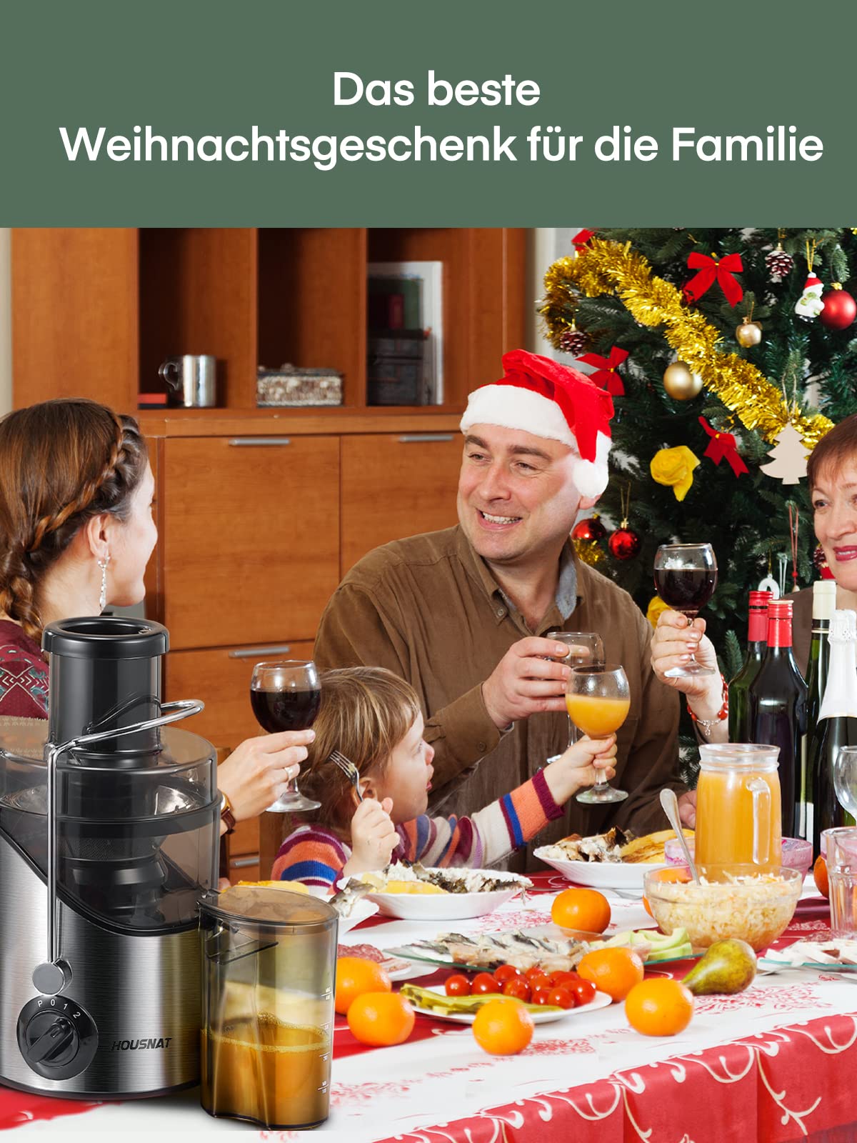 HOUSNAT Entsafter Gemüse und Obst, Max 800W Juicer Machine aus Edelstahl mit 3 Geschwindigkeitsstufen, 65mm Großem Mund Zufuhrschacht Zentrifugal Entsafter, Leicht zu Reinigen, BPA-frei, 400W
