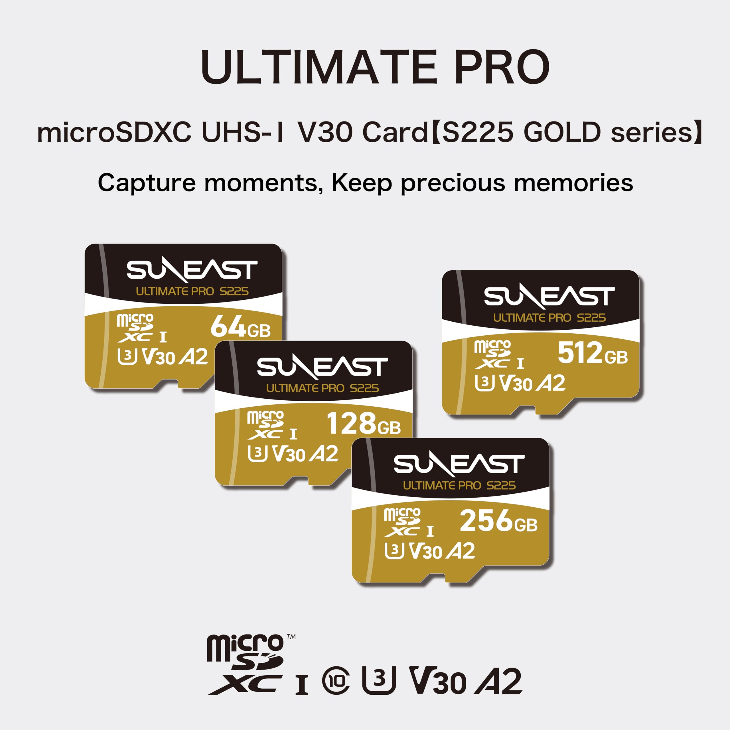 SUNEAST (Japonia) 64 GB ULTIMATE PRO GOLD S225 V30 A2 C10 DDR225 UHS-I Karta pamięci MicroSDXC Odczyt: 208 MB/s Zapis: 100 MB/s dla kamer sportowych/dronów/kamery Dashcam
