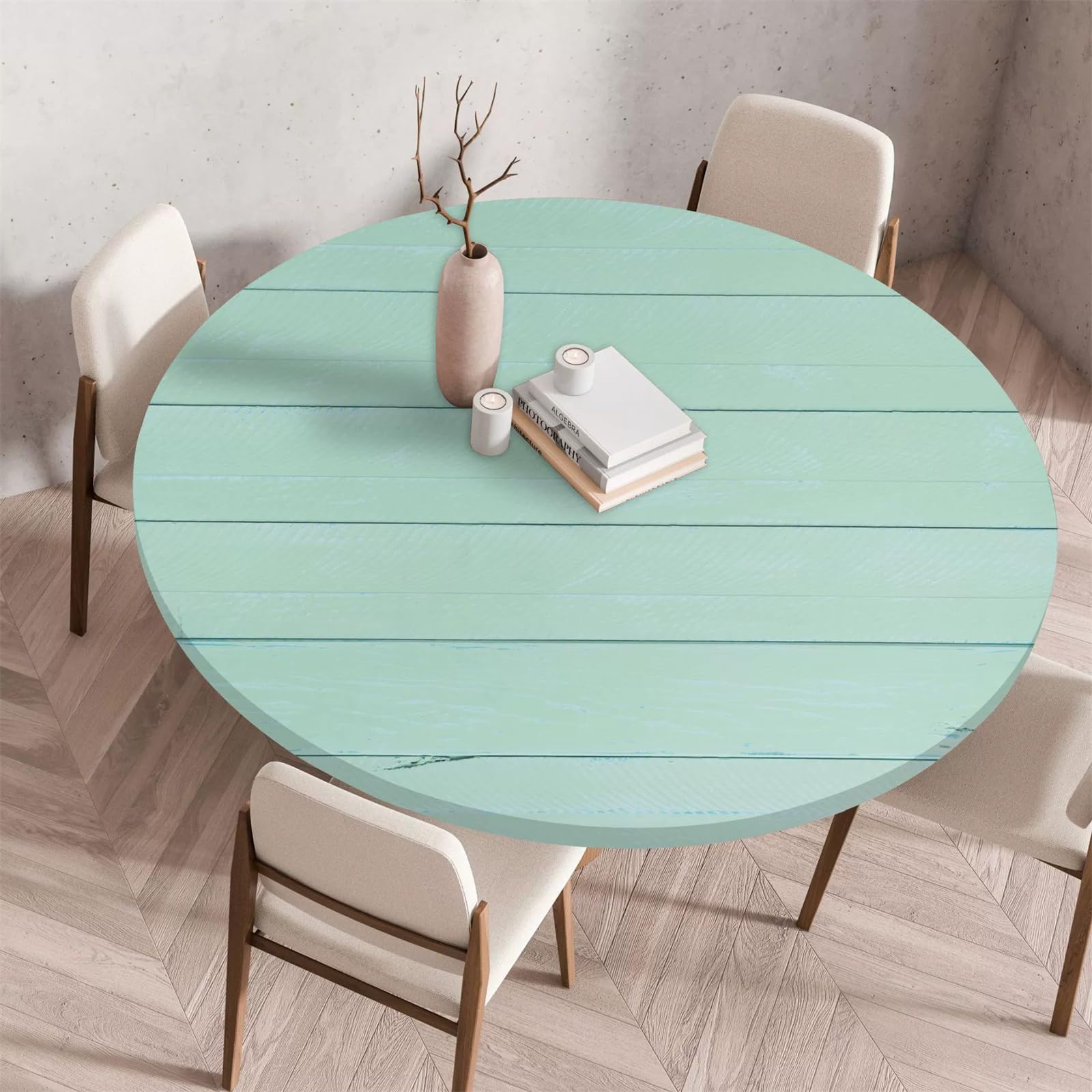 Treer Tree Wipeable Table Cloth Round Tablecloth Protector, Woodgrain Effect Texture Elastic Edged Fitted Backed Splash-Proof Table Cover Washable for Dining Room Kitchen Picnic Party (Aqua,100cm)