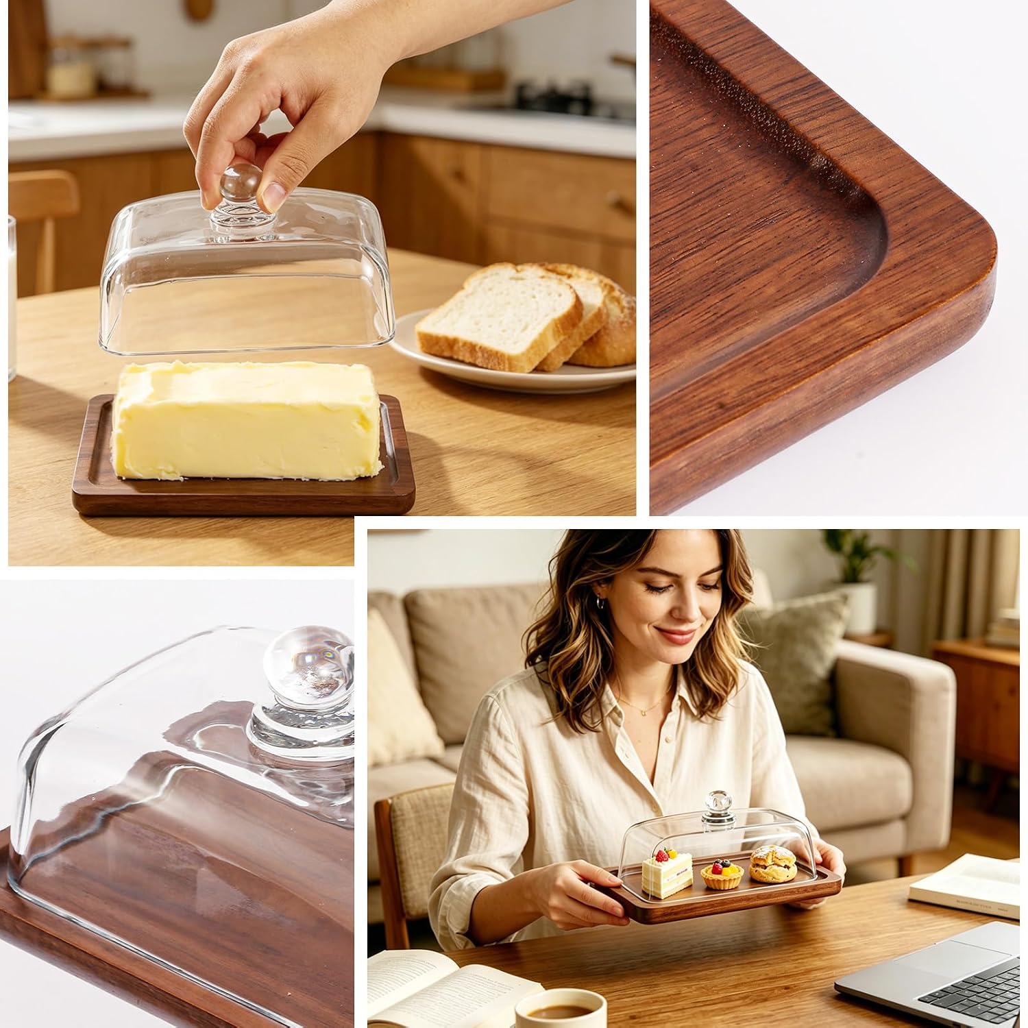 Cake Display with Lid– Acacia Wood Cake Stand with Glass Cover & Dessert Table Display Set & Charcuterie Board for Cheese, Chips, Butter，Fruit Platter Cake 7.28in x 5.0in x 2.76in