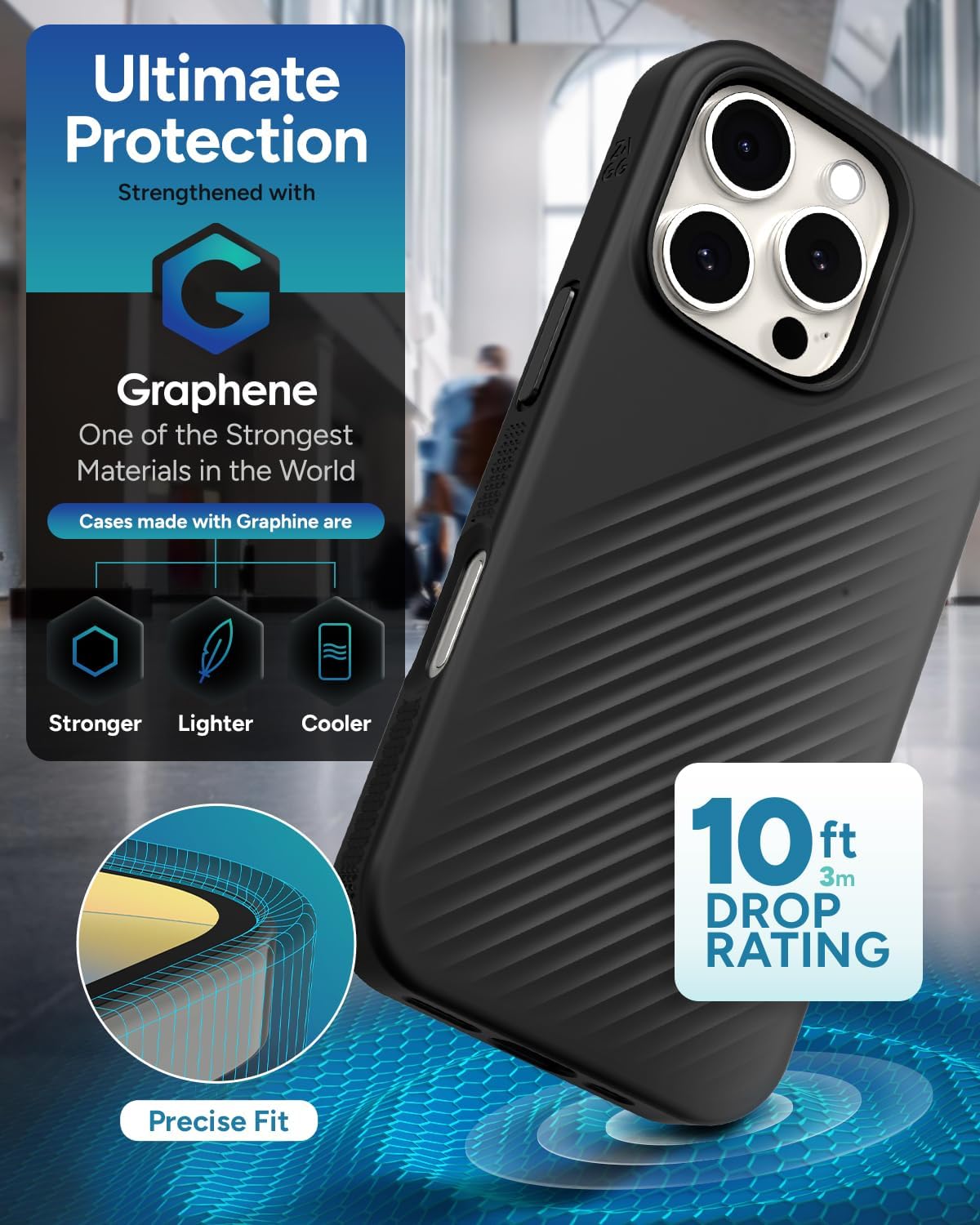 ZAGG Luxe Snap Case for iPhone 16 Pro - MagSafe Wireless Charging, 10ft Drop Protection, Eco-Friendly, Graphene Reinforced, Ripple Design, Black - Image 4