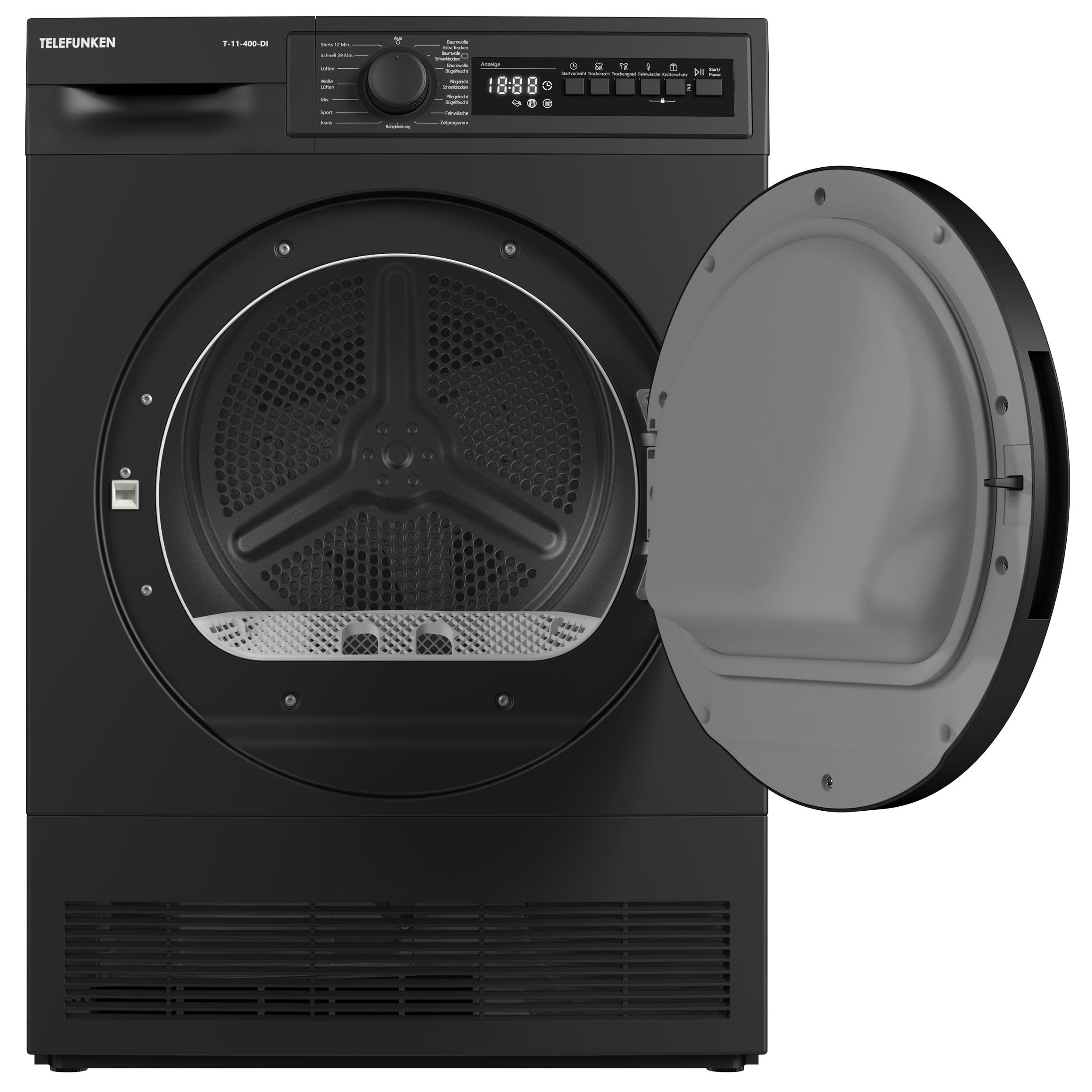 Telefunken T-11-400-DI Kondenstrockner / 7kg Trockner mit 15 Programmen, Startzeitvorwahl, Knitterschutz & reversierenden Trommelbewegungen, dark-inox