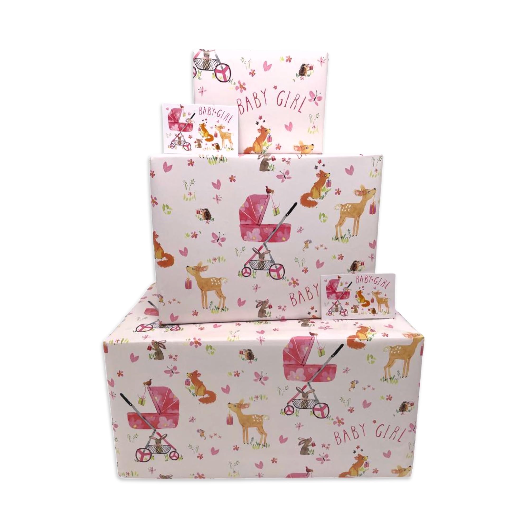 Twizler New Baby Girl Wrapping Paper - Pink Woodland Animals - 6 Sheets & 6 Tags - 70cm x 50cm Folded Sheets - Baby Gift Wrap