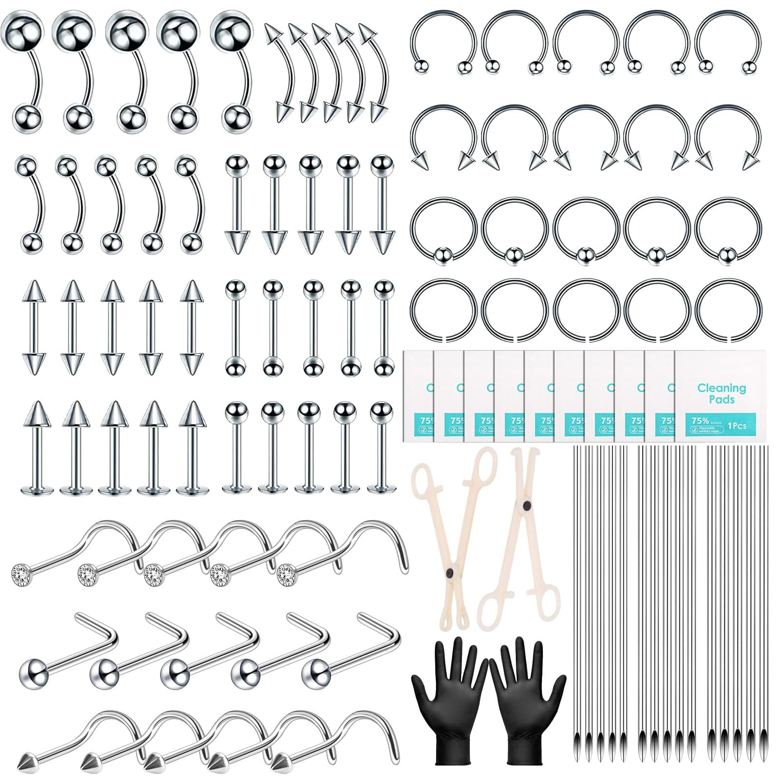 104PCS Body Septum Piercing Kit with 14G/16G/20G Piercing Needles Piercing Jewelry and Tool Set for Ear Nose Belly Button Nipple Lip Cartilage Eyebrow