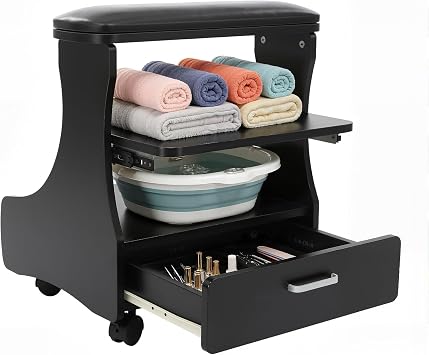 Pedicure Foot Rest Cart, Beauty Salon Nail or Foot Bath Spa Portable Esthetician Trolley Cart, Manicure Pedicure Chair with Wheels, Footrest Salon Supplies Foot Massage Station Black