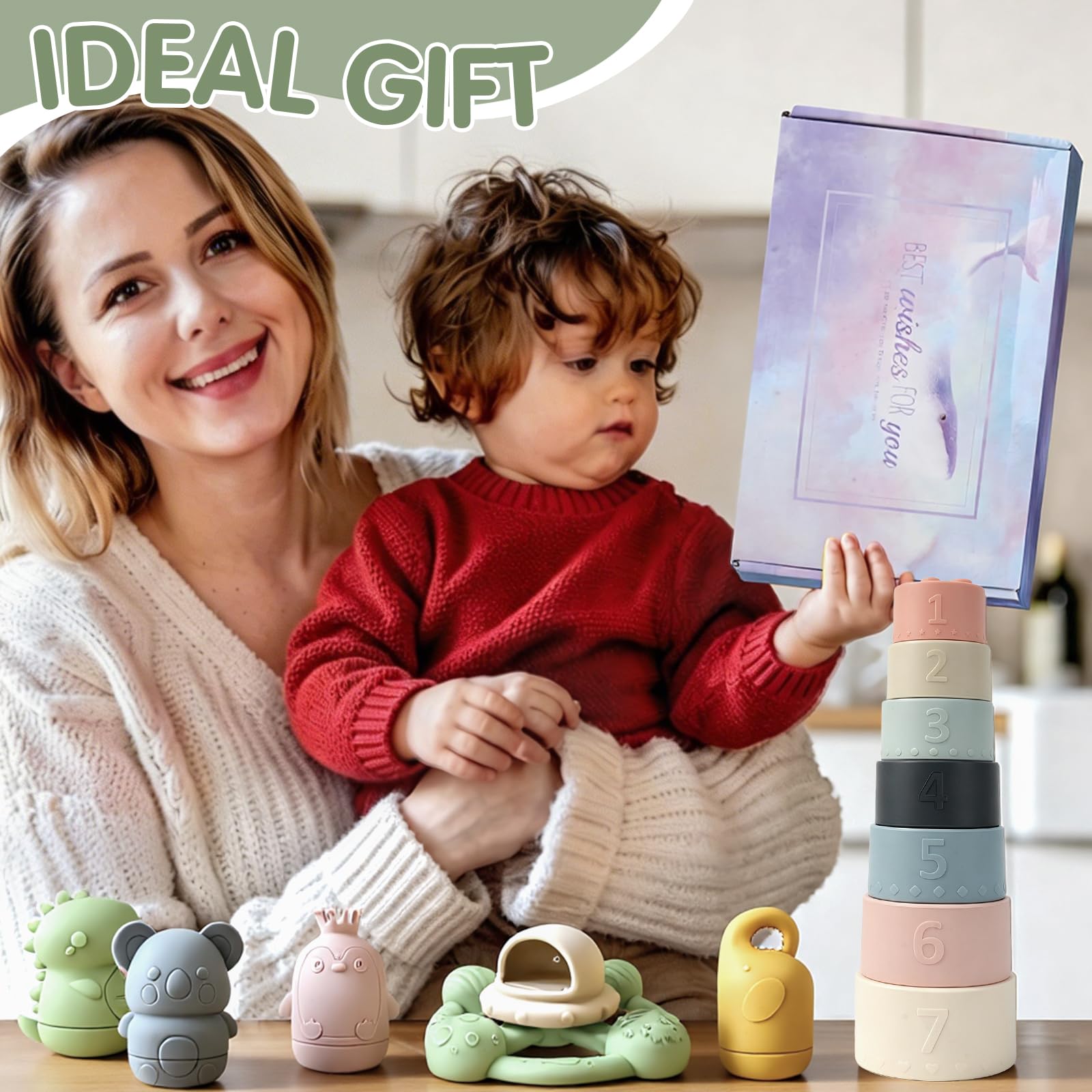 Giocattoli da Bagnetto per Bambini, Giochi Bagnetto Neonato in Silicone con Volante Giocattolo, Tazza Impilabili e Giocattoli Animali, Senza Bisfenolo A, Giocattolo a Acqua per Bagno Piscina Spiaggia