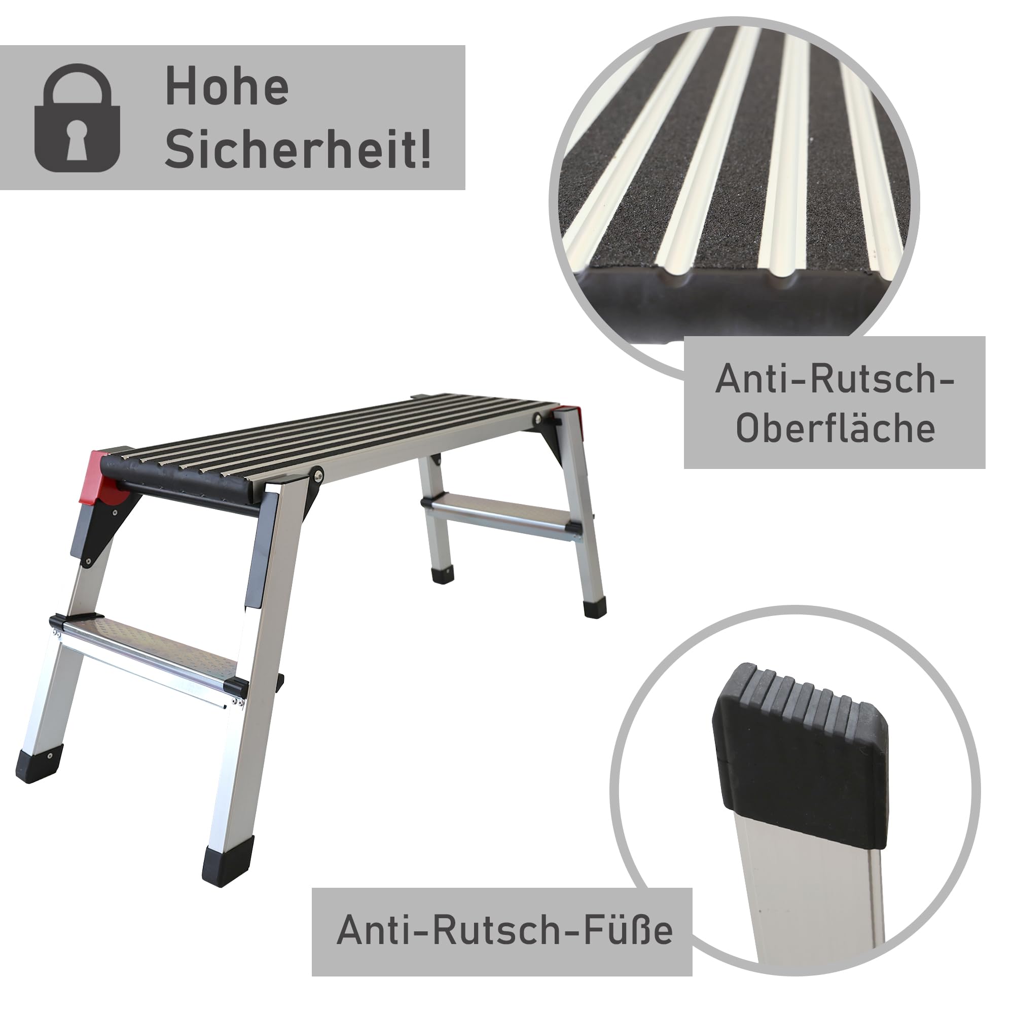 Lemodo Plateforme de travail - Plateforme de travail avec revêtement antidérapant - Charge maximale : 150 kg - Échelle en aluminium avec 2 marches - Échelle pliable - Argenté - NA181