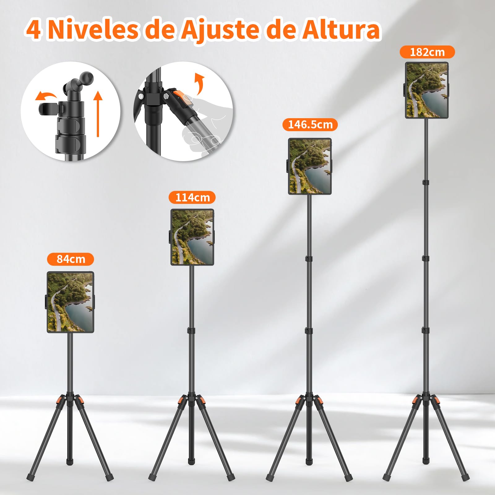 XXZU 182cm Soporte para Tableta y Teléfono, Soporte de Suelo para Tableta Giratorio de 360° Trípode para Tablet Ajustable en Altura Plegable Inverso Compatible con Tablet y Teléfon