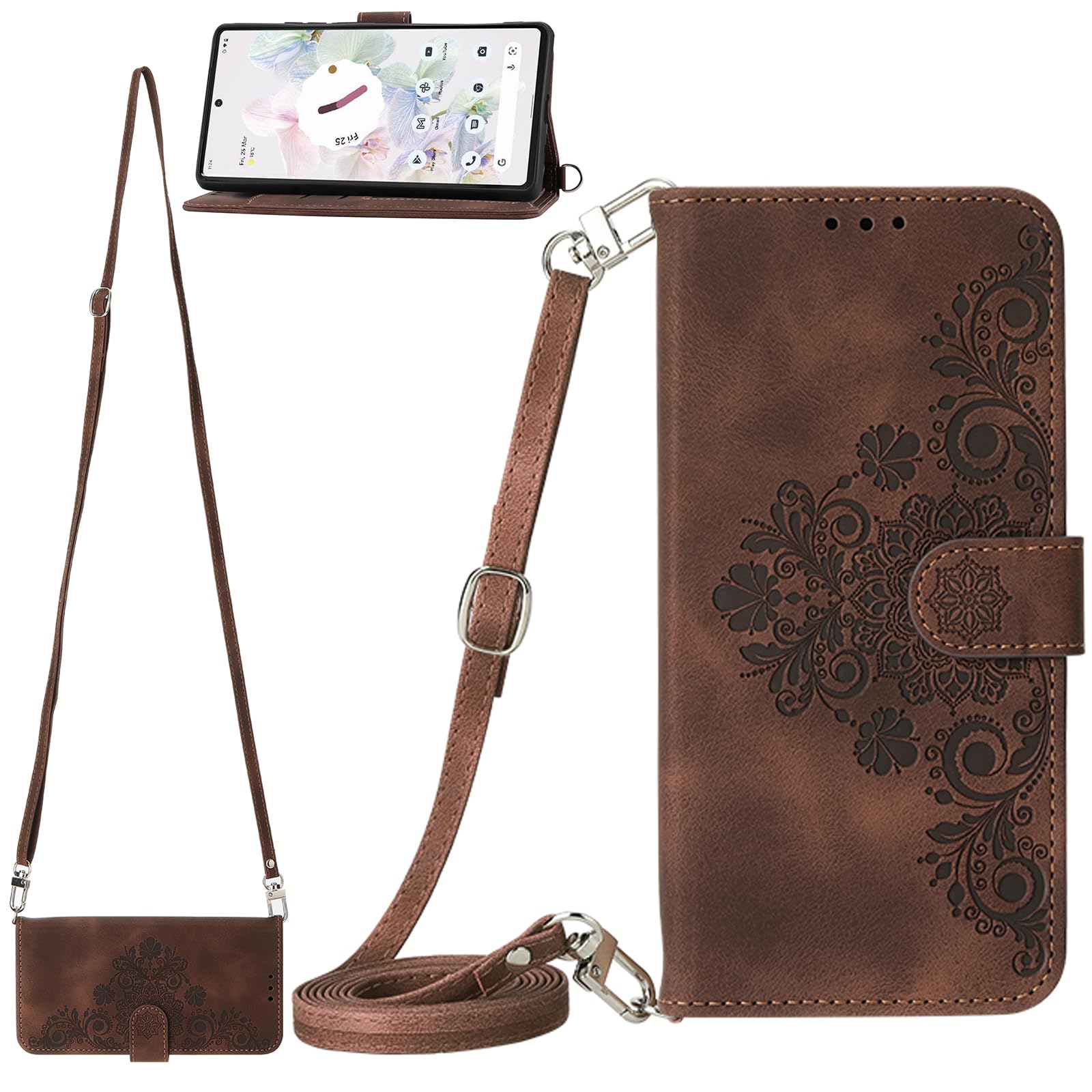 BAILI Wallet Case for Tecno Spark Go 2020 Cover, 5 Card Slots, Wrist Strap Relief Embossed flowers Magnetic Closure Folio Cases for Tecno Spark Go 2020-07