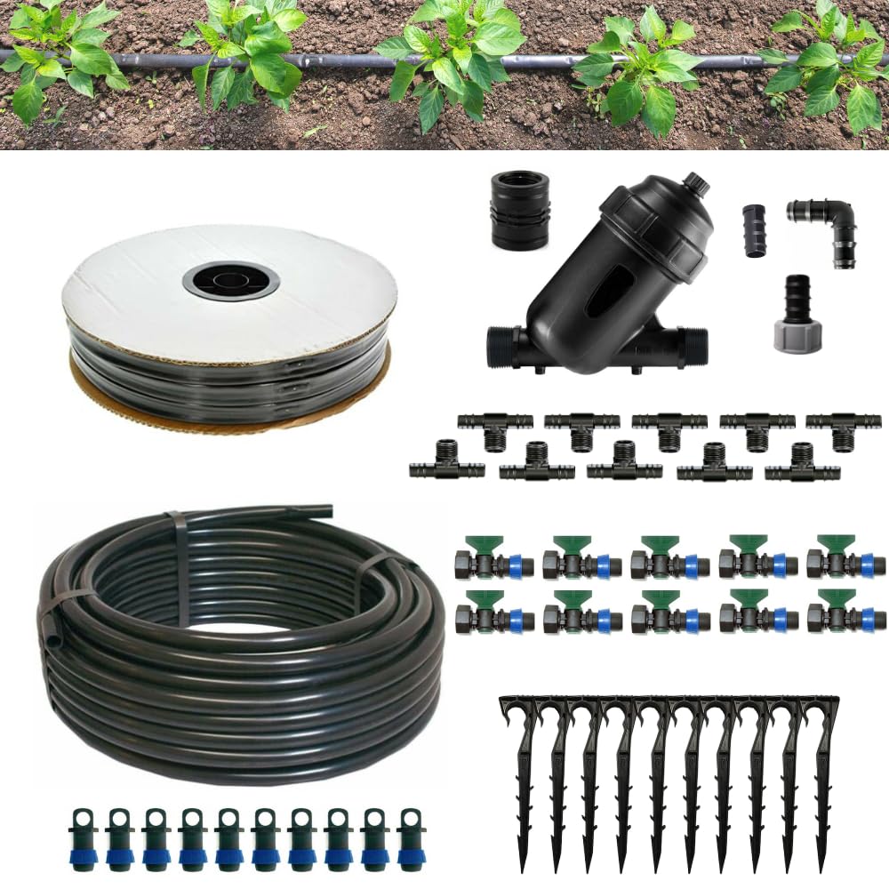 Kit Irrigazione Orto Manichetta gocciolante leggera 200 Mq | Distanza Goccia ogni 20 30 40 Cm Impianto Completo raccordi e filtro (Passo 40)