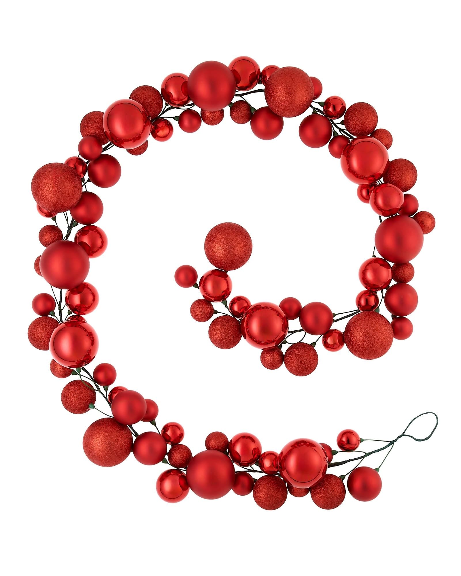 Red Bauble Tree Garland – 9 ft Christmas Decoration with 84 Baubles in Mixed Finishes