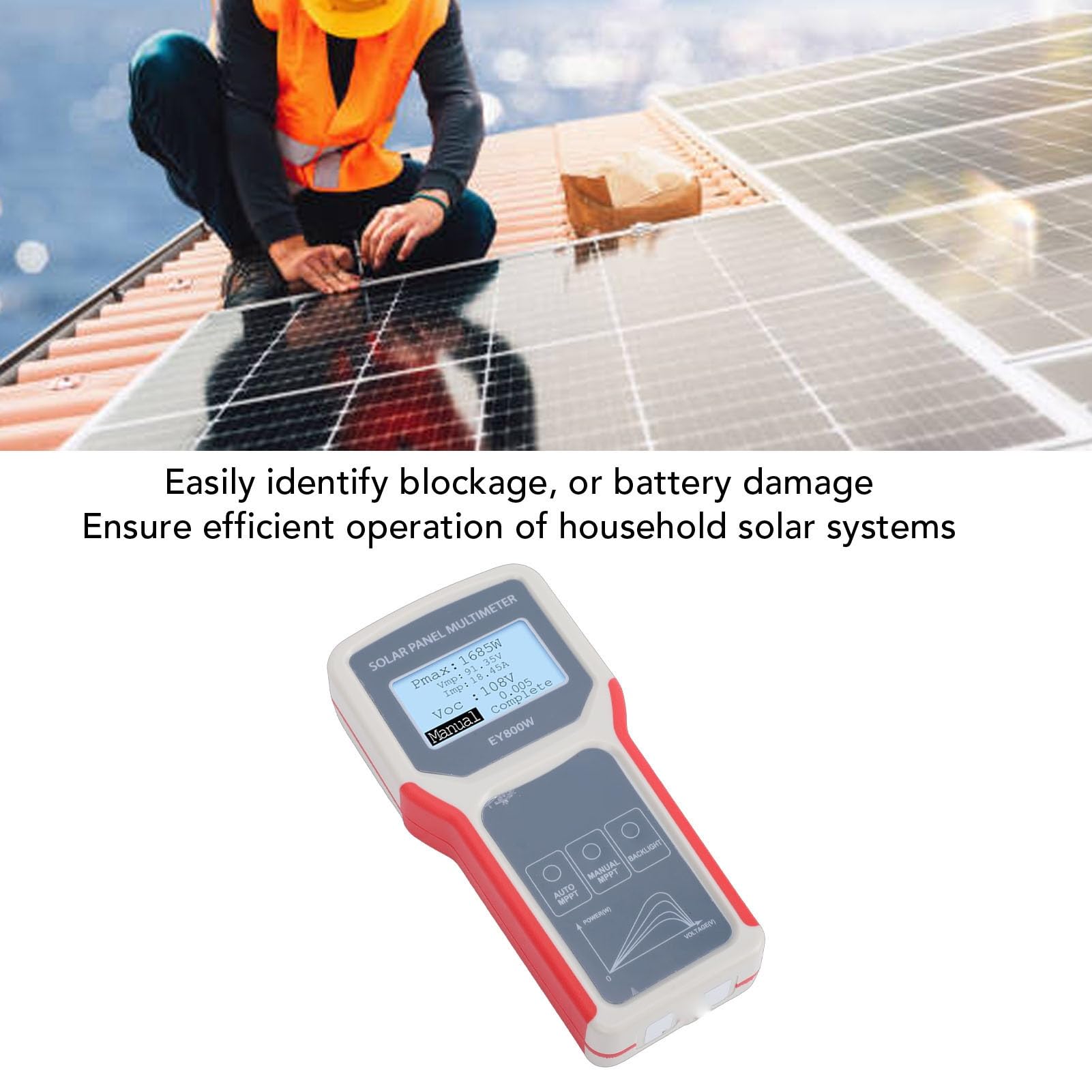 Elprico Tester per Pannelli Solari 5-800 W 12-60 V 0-35 A, Display LCD Multimetro Fotovoltaico MPPT Manuale Automatico, con Borsa EVA, per la Risoluzione dei Problemi del Solare