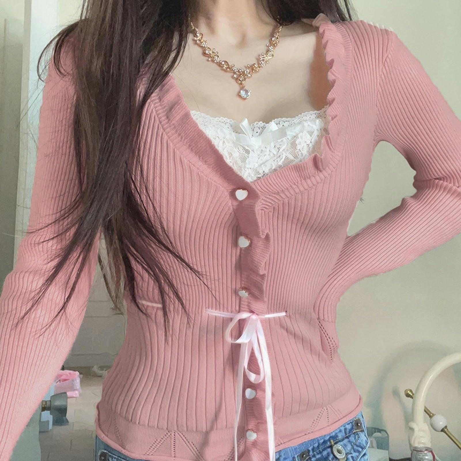 Estilo Suave y Dulce Corbata de Empalme de Encaje Pajarita Cuello Cuadrado Top Rosa niña Encaje versátil Mangas largas-07827 Rosa Claro-S