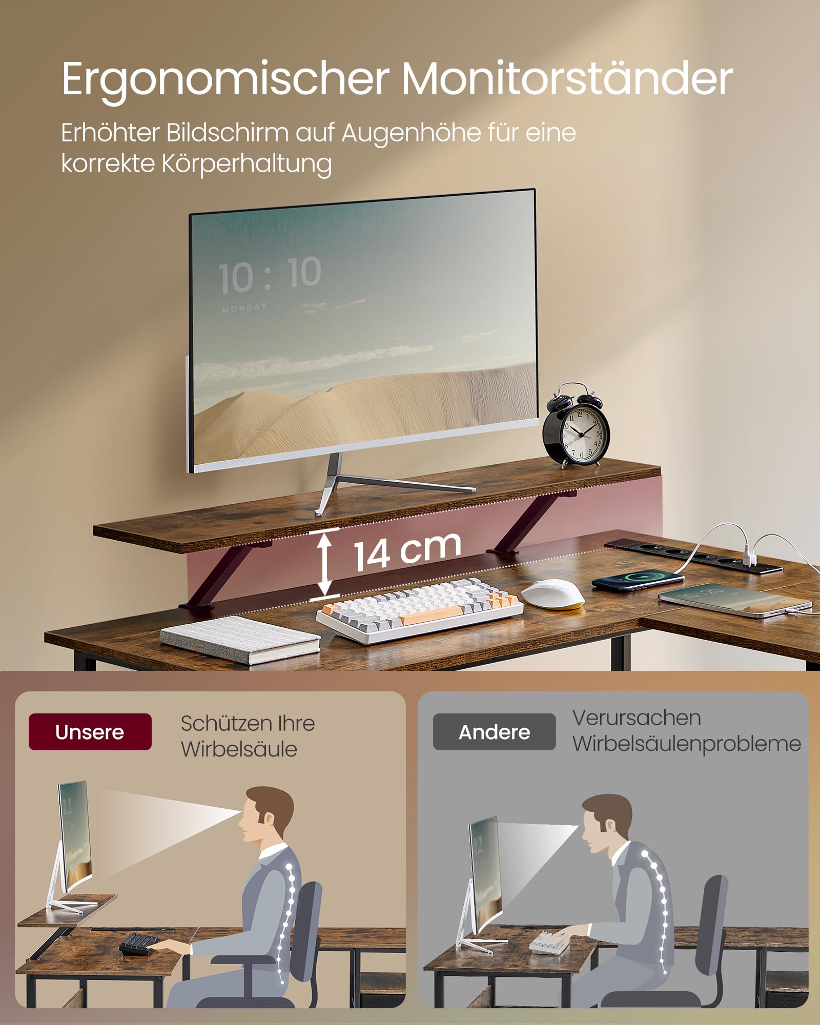 VASAGLE L-förmiger Schreibtisch mit Steckdosen, Eckschreibtisch, Computertisch, Monitorständer, Gaming-Tisch, LED-Beleuchtung, USB-Anschlüsse, 150 x 120 x 76 cm, Homeoffice, vintagebraun LWD095K01
